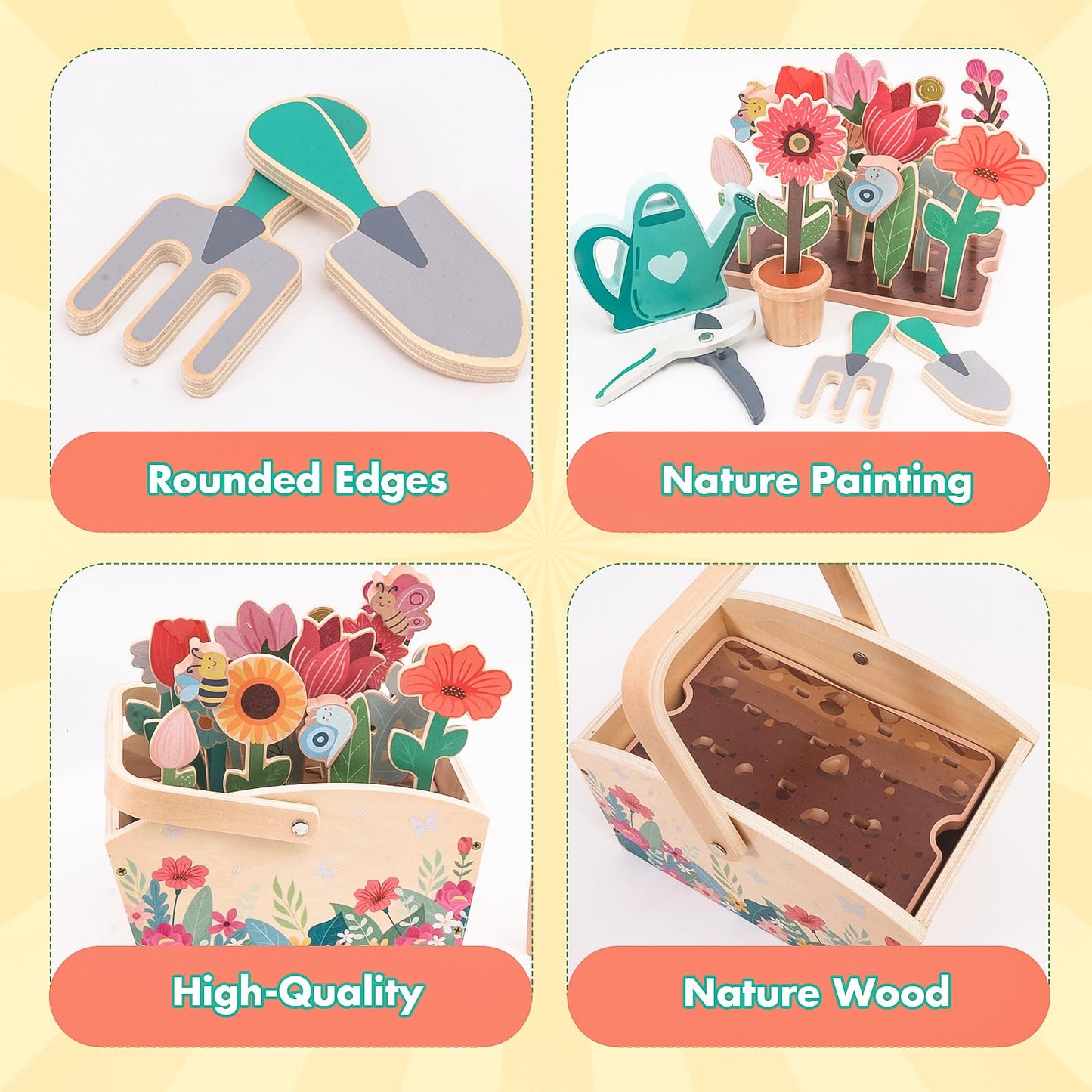 Wooden Pretend Play Toy Gardening Box-30 Pieces Wood Flower & Garden Tool Sets for Toddler 3 4 5 6 Year Old,Kids Educational Learning Toy,Girls Birthday Gift