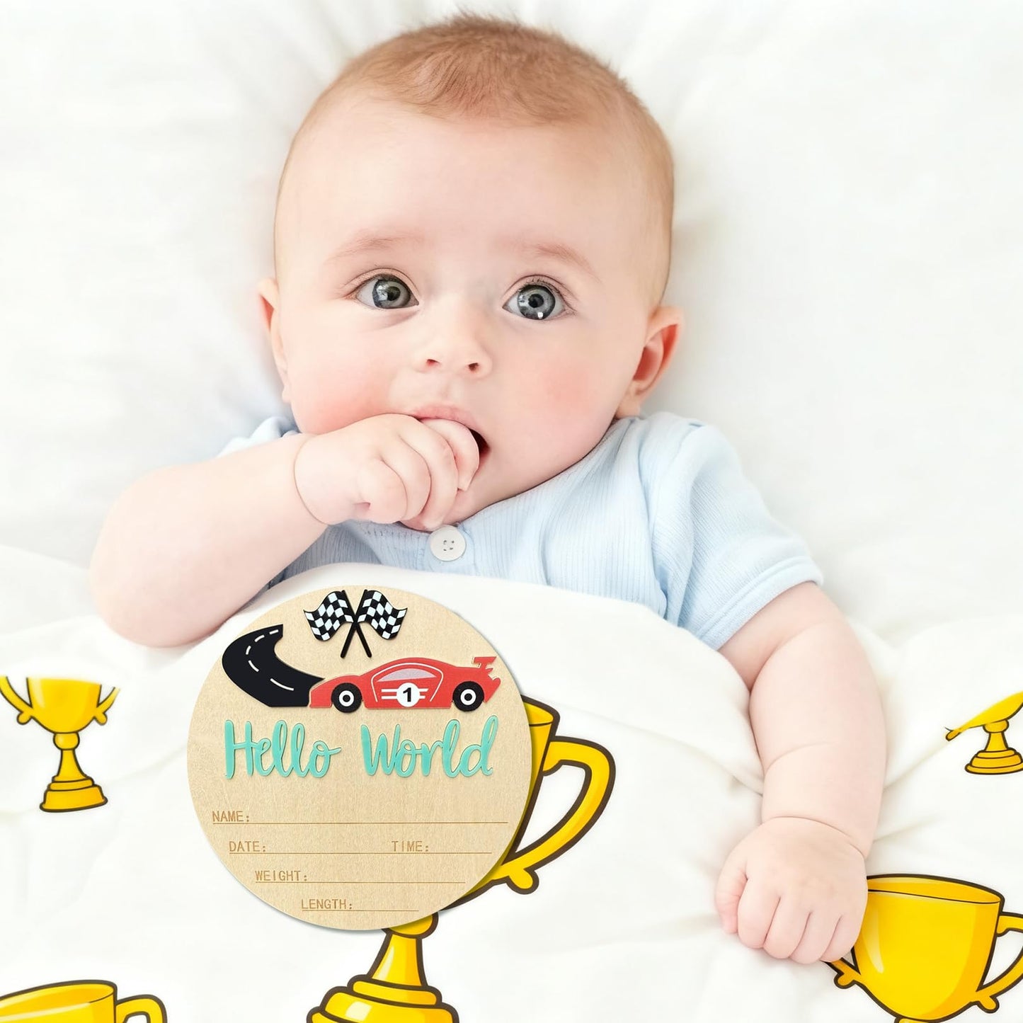 Baby Announcement Sign, 5.9 Inch Wooden Hello World Newborn Sign,Welcome Baby Signs,Birth Announcement Signs,Newborn Name Personalized for Photo Prop race car Design Hospital Nursery (Green,Red car)
