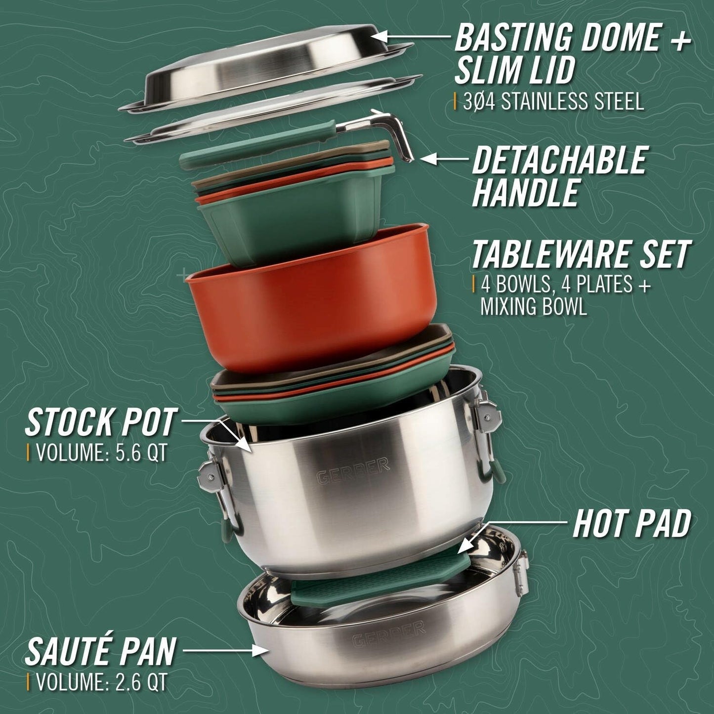 Gerber Gear ComplEAT Cook Set - Dishwasher-Safe Camping Cookware for Outdoor Cooking - Includes Saute Pan, Stock Pot, 4 Plates, 4 Bowls, Mixing Bowl & More