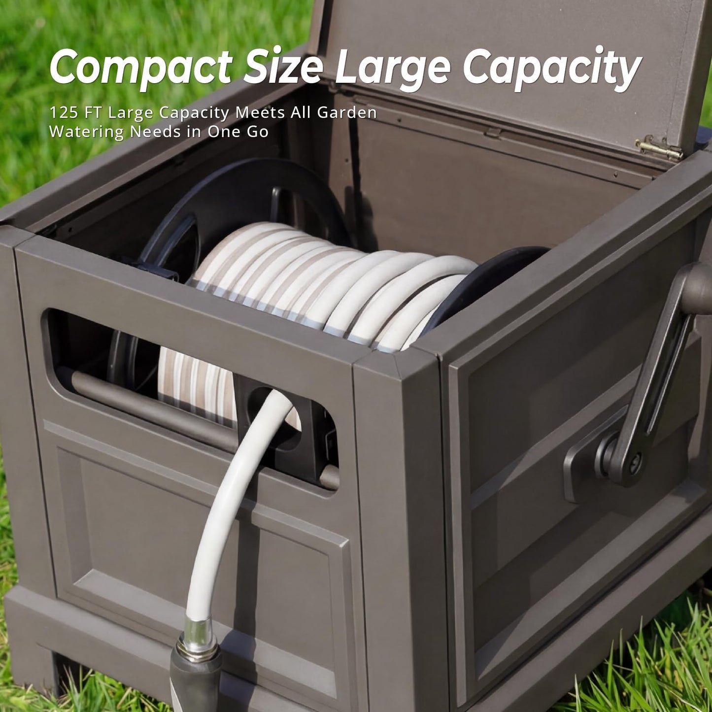 BREEZEREEL Heavy Duty Steel Garden Hose Reel Deck Box, Holds 125 ft x 5/8 inch Hose, Leak-Proof Aluminum Water System, Manual Crank with Hose Guide, 4-Leg 200LBS Stable Base, No Mount Required