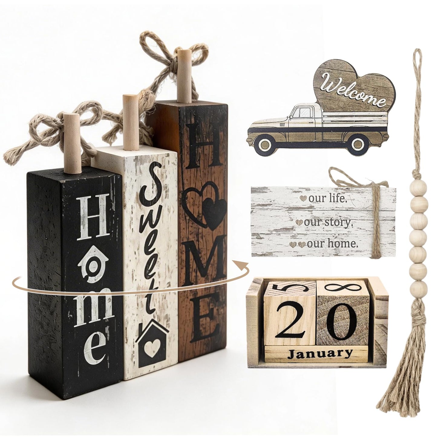 Farmhouse Wooden Table Decor White Faux Books for Decoration with Wood Bead Garland, Wooden Perpetual Block Calendar Rustic Tiered Tray Decor for Home Sweet Kitchen Entryway Living Room Shelves