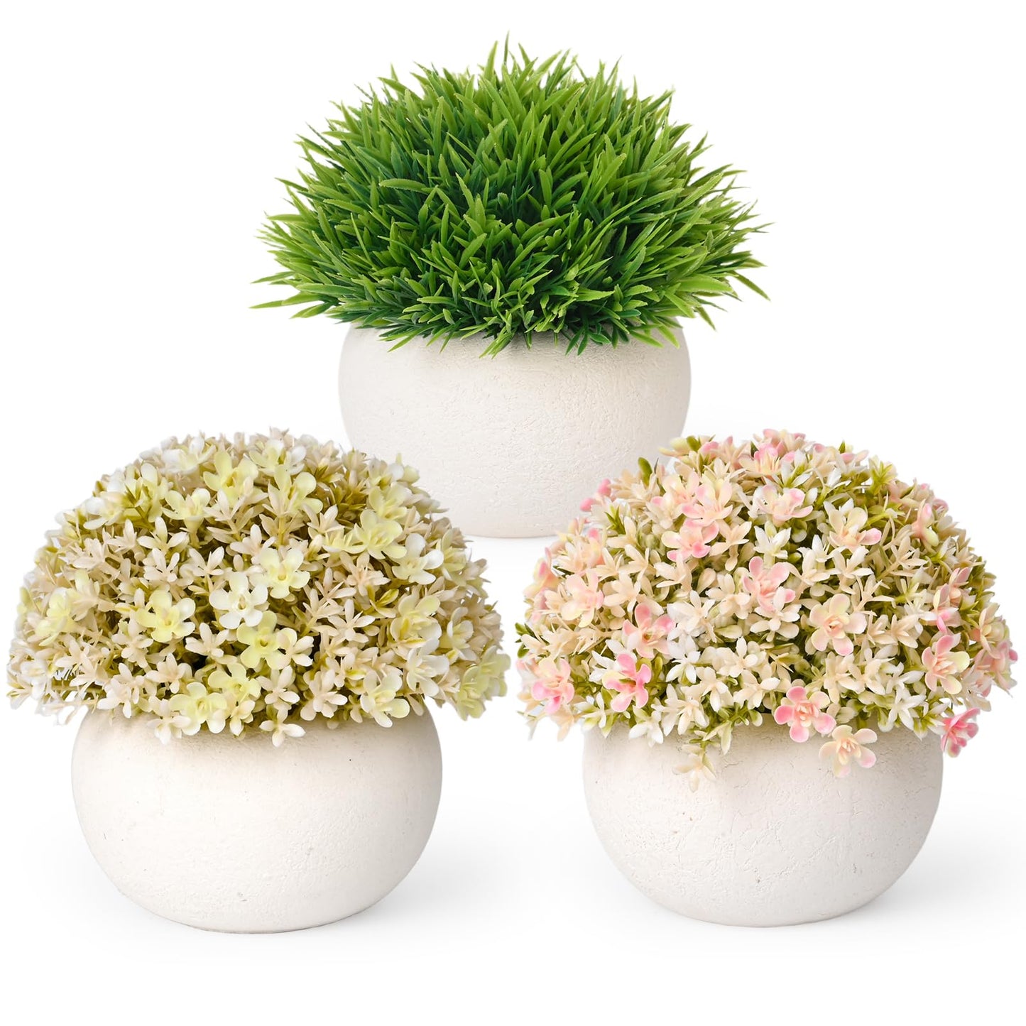 JIUYUETIAN Fake Plants-3-Pack Mini Artificial Pulp Pot Decor, 2 Lilac Flower Balls & 1 Grass, No Maintenance for Desk Bathroom Home Office Shelf