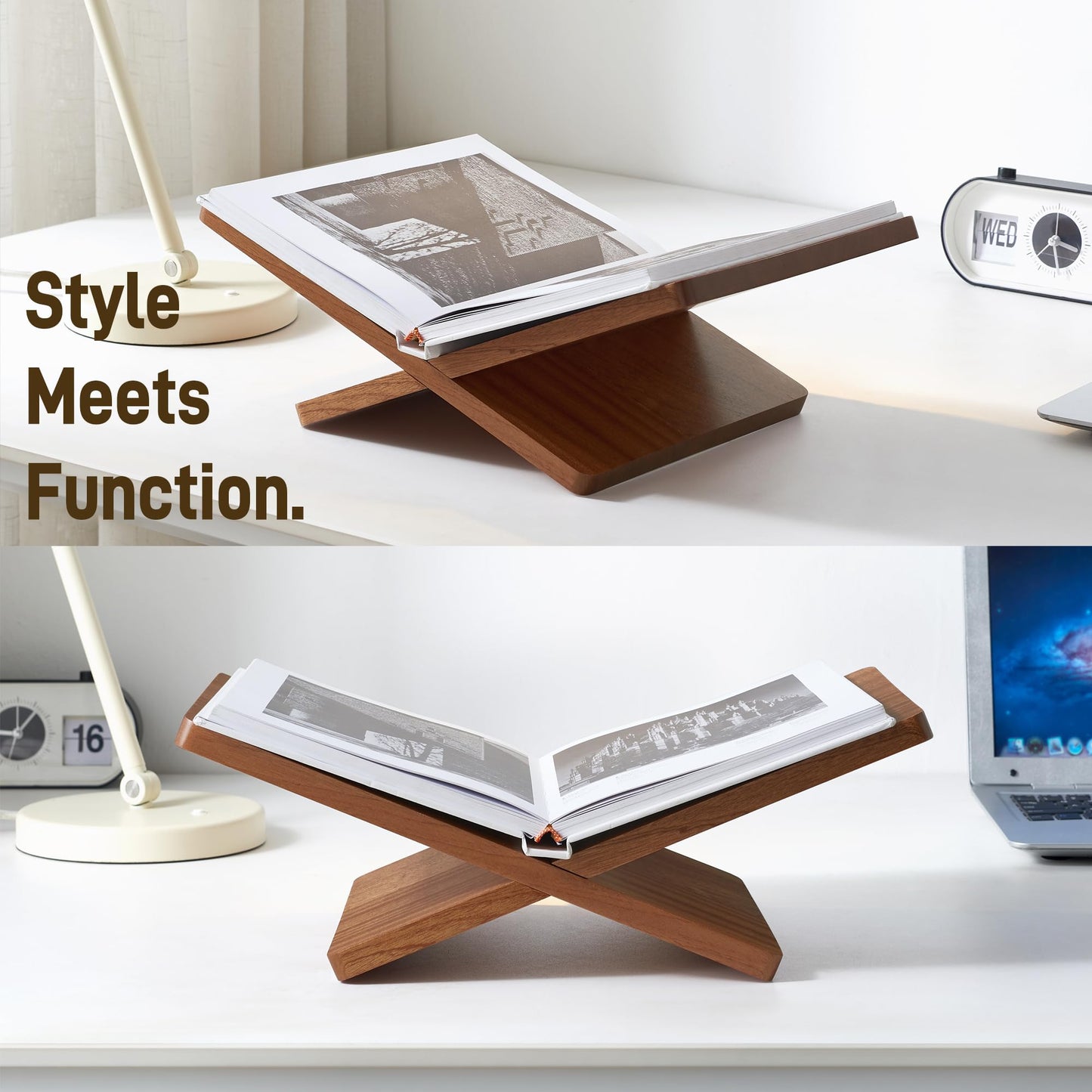 DECORANY Solid Wooden Book Stand for Desktop Display & Reading –15.7" x 9.4" x 5.7” Extra Large Wood Open Book Holder for Cookbook, Bible, Recipe, Textbook, Magazine (African Sapele)