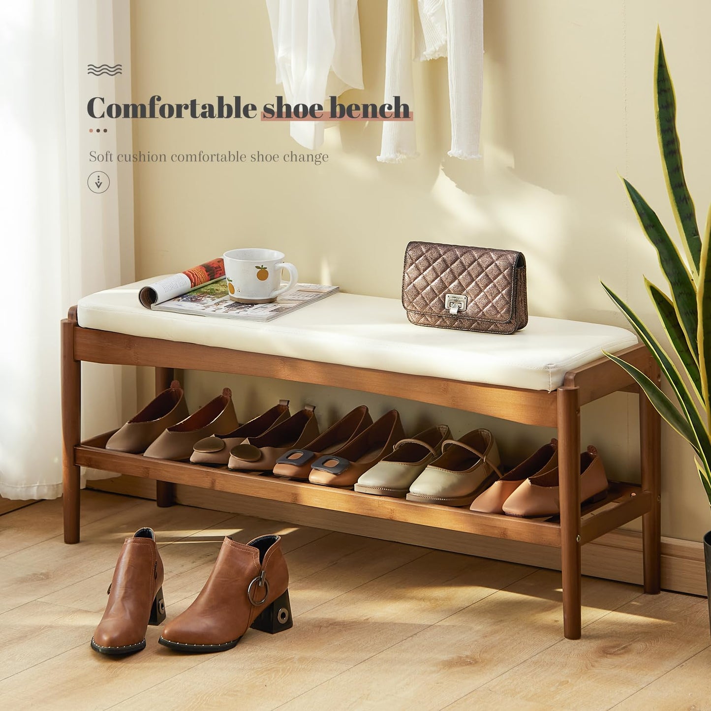 STDDRE Shoe Rack Bench Entryway Bamboo Shoe Storage Bench with Leather Cushion 2 Tiers Shoe Rack Entryway Bench for Hallway, Living Room,Bedroom(Beige Bench top+Brown Frame)