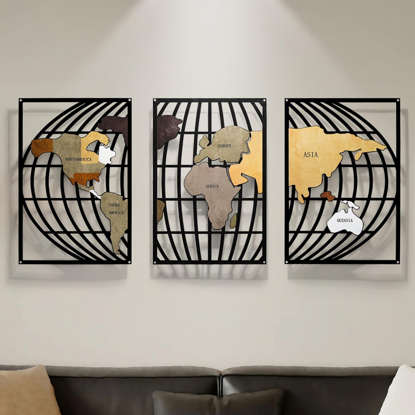 FIXNEO Metal Wall Art 3 Piece World Map Wall Art for Living Room Modern Globe Pictures Design Decor for Living Room Home Bathroom Office (World Map, 31.8"*15.74")