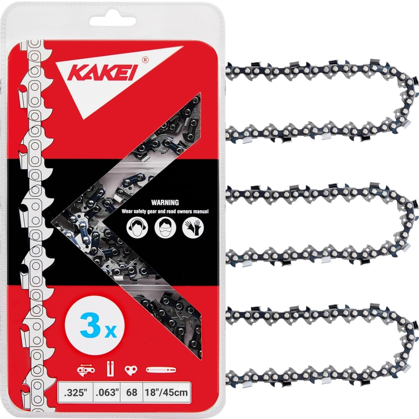 KAKEI Chainsaw Chain 18 Inch .325" Pitch .063" Gauge 68 Drive Links- 26RS 68 Fits Stihl (PRE 2023 .063" Gauge) 025, MS250, MS251, 3005 008 4717-36390050068, V68 (3 Chains) - Full Chisel