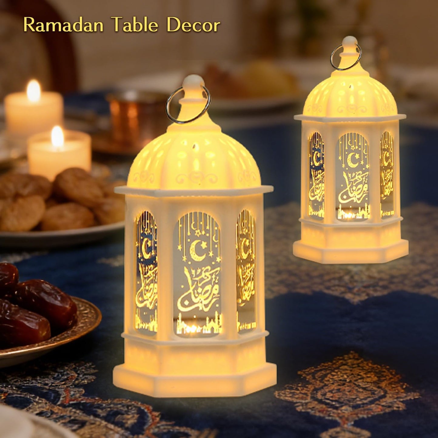 LED Ramadan Lanterns Decorations, Eid Decorations for Home and Table, Small Ramadan Lights with Hanging Rings, Moon & Star Eid Decor, Islamic Home Decor & Muslim Eid Gift (2 Pack)