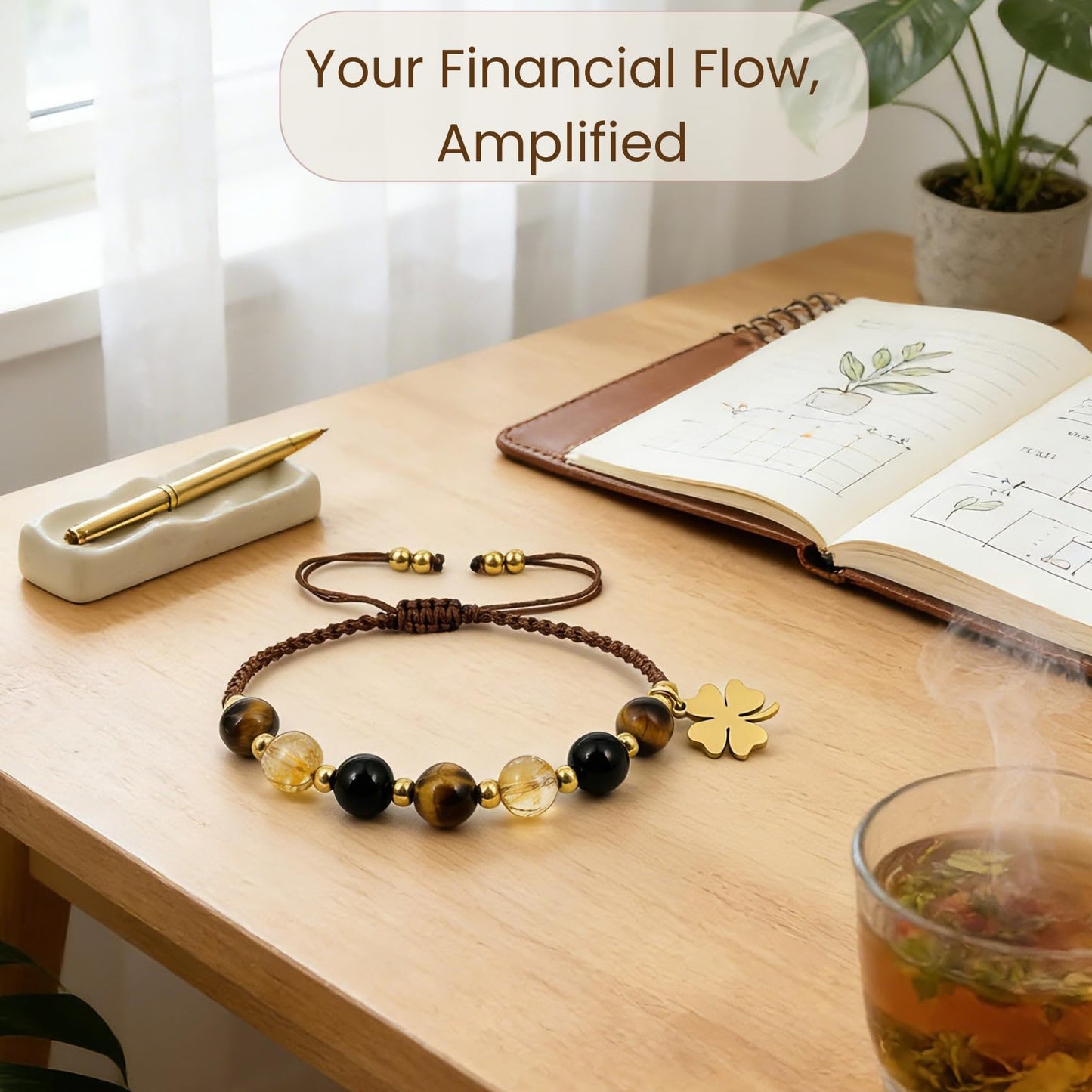 Atminafays Abundance Money Bracelet - Wealth & Luck Guardian Crystal Bracelet | 8mm AAA+ Genuine Citrine, Tiger Eye & Obsidian | Adjustable Feng Shui bracelet for Men & Women | Manifestation Jewelry for Yoga & Meditation