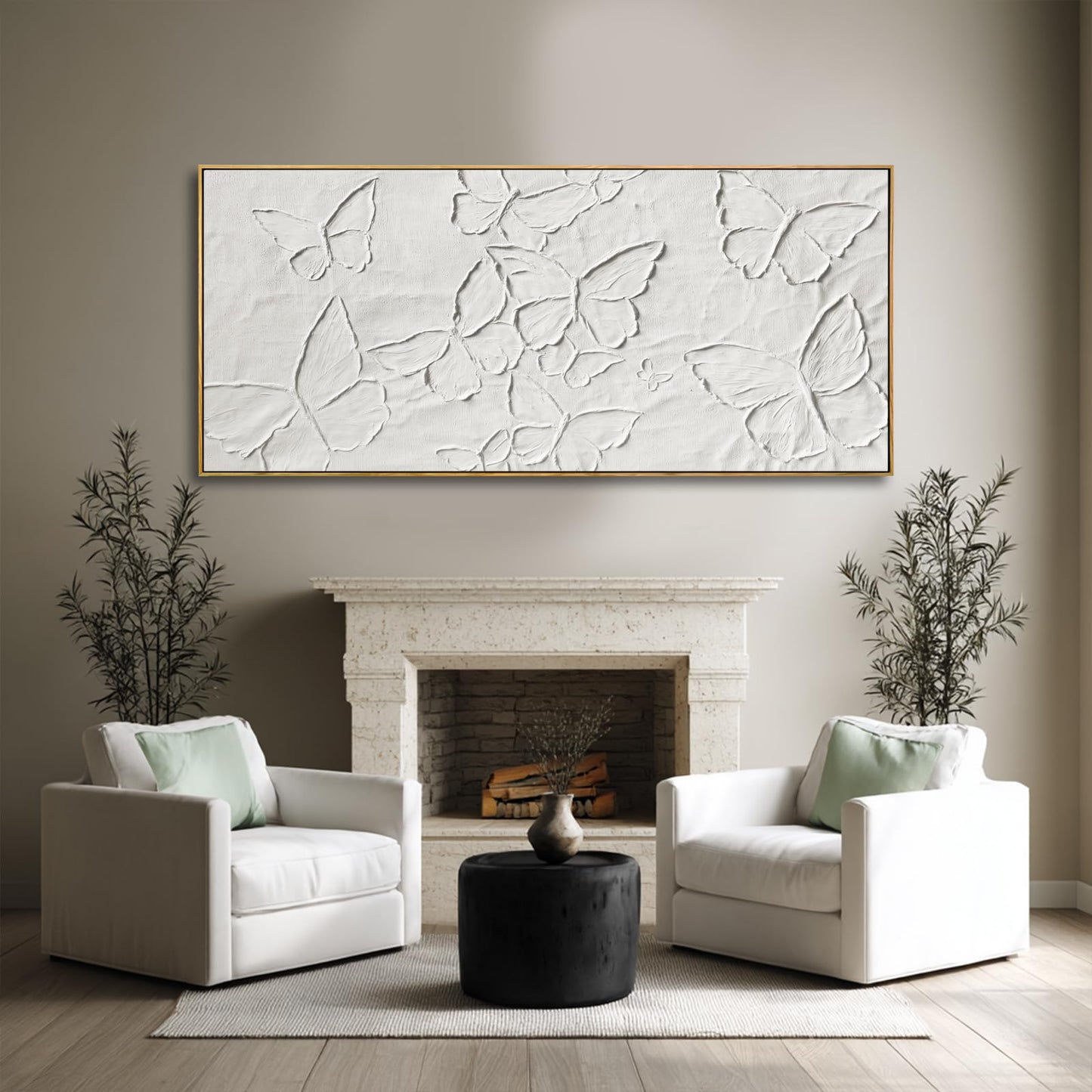 Hand-painted Butterfly Canvas Wall Art, 32x70 Inch White Abstract Framed Artwork for Living Room Decor