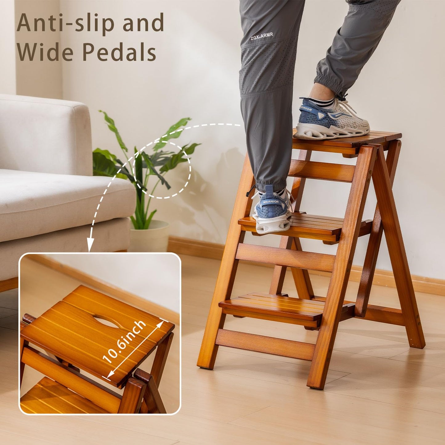 SOBIBO Wooden Step Stool, Foldable 3 Step Ladder, Solid Wood Ladder Stool for for Home, Kitchen & Garden Walnut