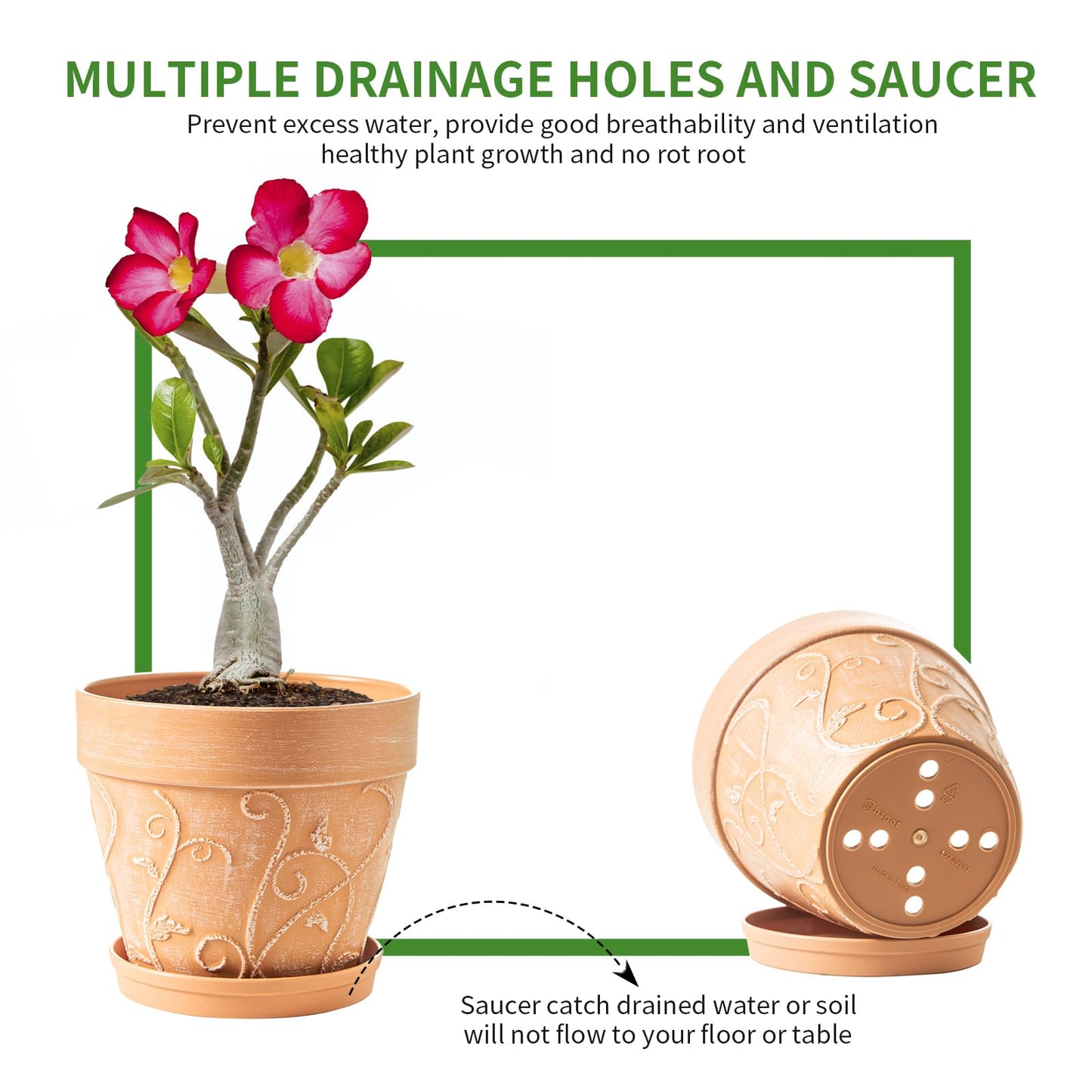 Melphoe Plant Pots Indoor with Drainage & Saucer, 2Pack 7 inch Flower Pots Outdoor Planters for Indoor Plants Garden Home Decor Cactus Succulent, Rigid Plastic (Imitation-Terracotta) Vine-Embossed