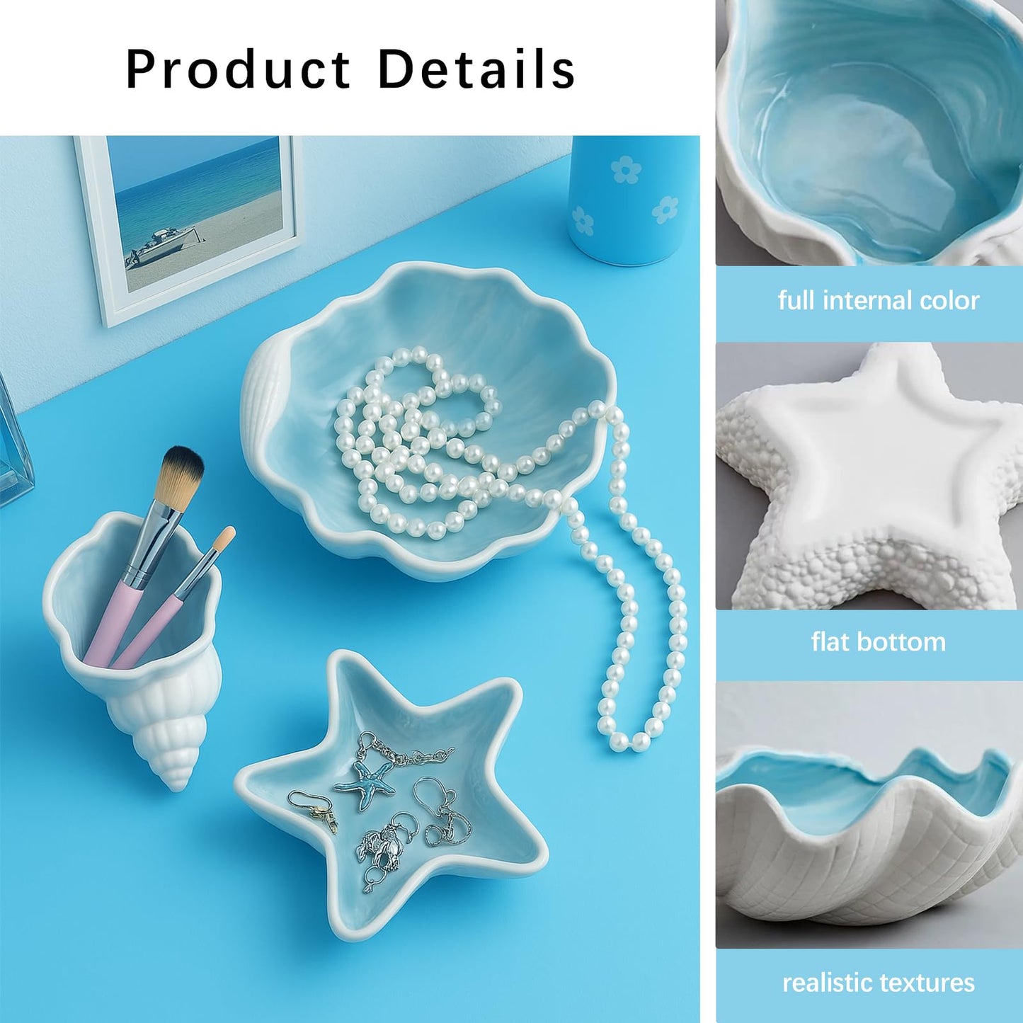 GeryVtee 3 Pcs Starfish Shape Ceramic Jewelry Tray Aqua Shell Trinket Dish Conch Shape Ceramic Jewelry Tray Ring Earring Holder Ocean Themed Trinket Plate Decorative Earring Rings Bracelet