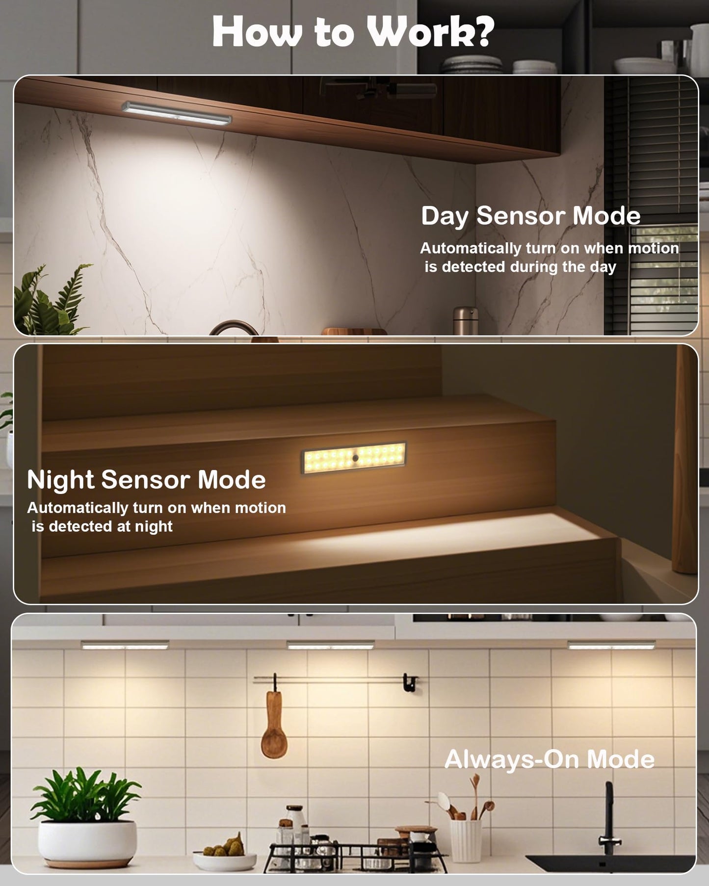 SZOKLED 58-LED Under Cabinet Lighting Wireless, RGB Motion Sensor Night Lights, 1100mAh Magnetic Under Cabinet Lights for Kitchen, Shelf, Stair, 15 Color (4 Pcs)