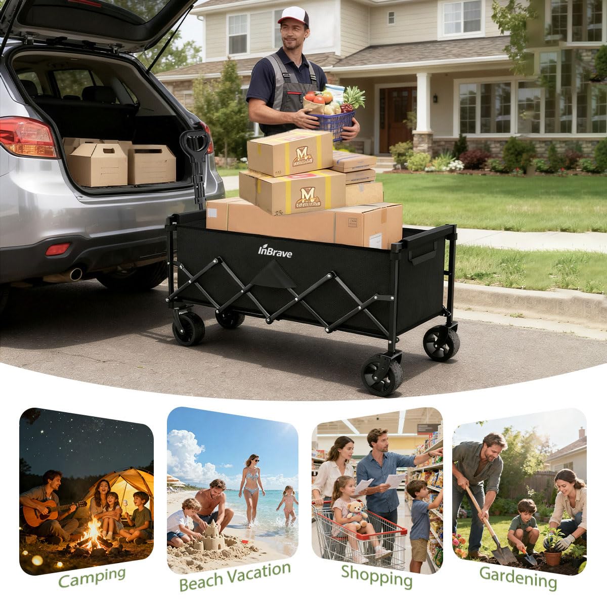 InBrave Extra Long Collapsible Wagon Cart, 480LBS Heavy Duty Utility Wagons with All-Terrain Wheels, Foldable Grocery Carts for Gardening, Shopping, Beach, Camping, Black