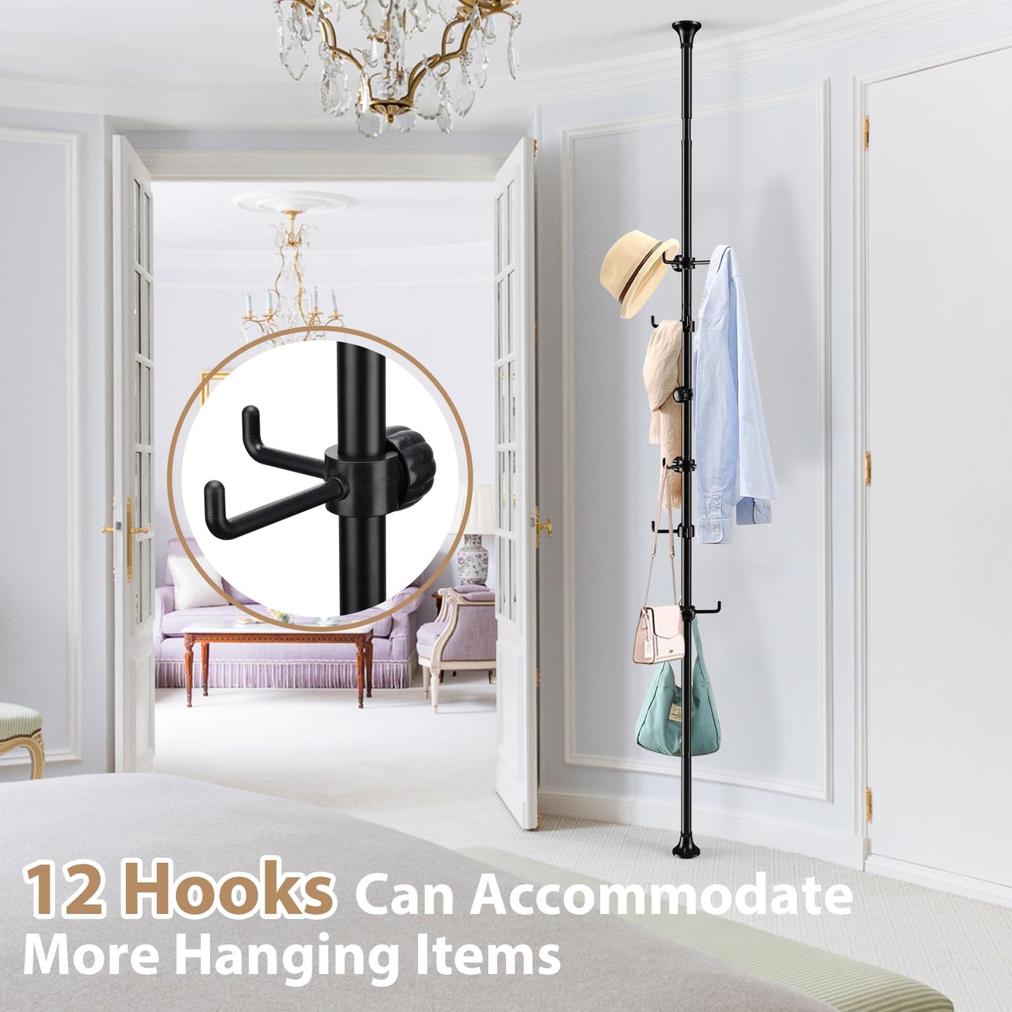 Sempicad Coat Rack Freestanding, 56 to 125 inch Adjustable Tension Rod Hanger with 12 Hooks for Hanging Coat, Plant,Jacket, Hat, Scarf, Suitable for Living Room, Balcony, Kitchen Black