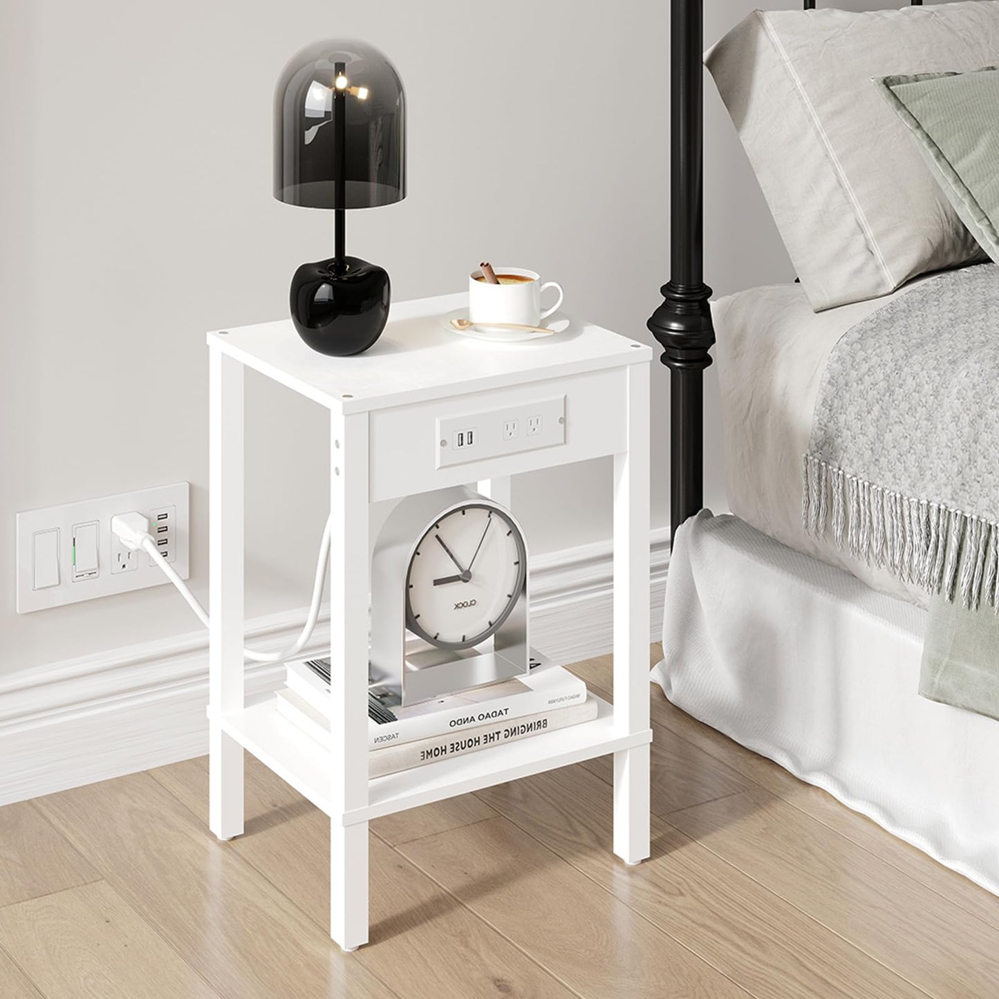 End Table with Charging Station, 2-Tier Nightstand with Storage Shelf,Modern Side Table,Bedside Table for Small Space in Living Room, Bedroom, Sofa Couch and Balcony, White MLBZ14WE
