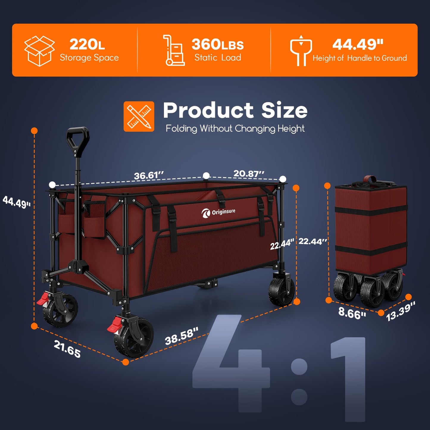 Originsure 220L Collapsible Wagon Cart Foldable, 38" L Extra Large Heavy Duty Folding Beach Wagons with All-Terrain Wheels, Utility Carts for Camping, Sports, Shopping, Groceries - Red