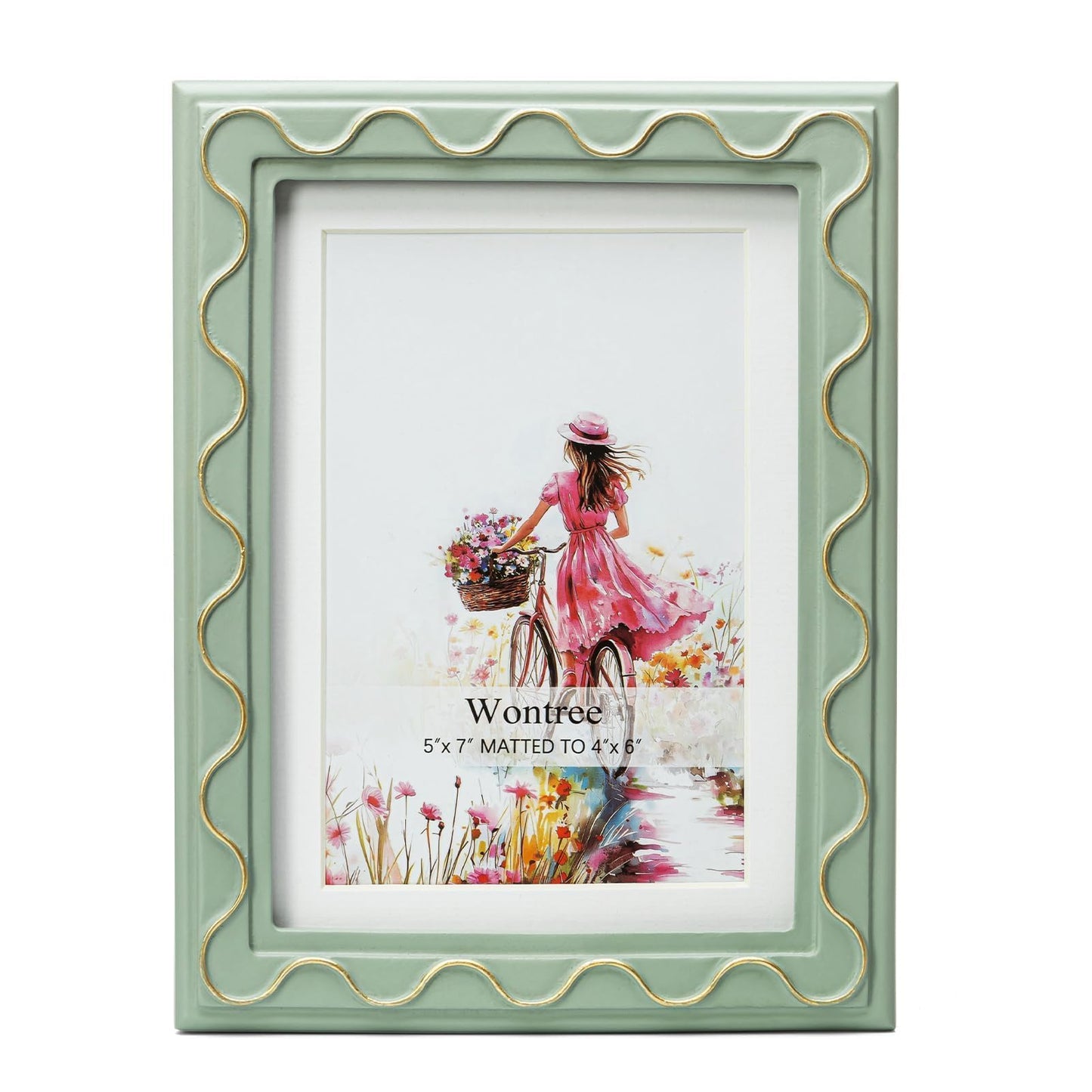 Wontree 5x7 Picture Frame, Shinning Gold Swirls Against Sage-like Green, Resin Frame with Real Glass, Display 5x7 Photos Matted to 4x6, Vertical and Horizontal Desk Tabletop or Wall Hanging