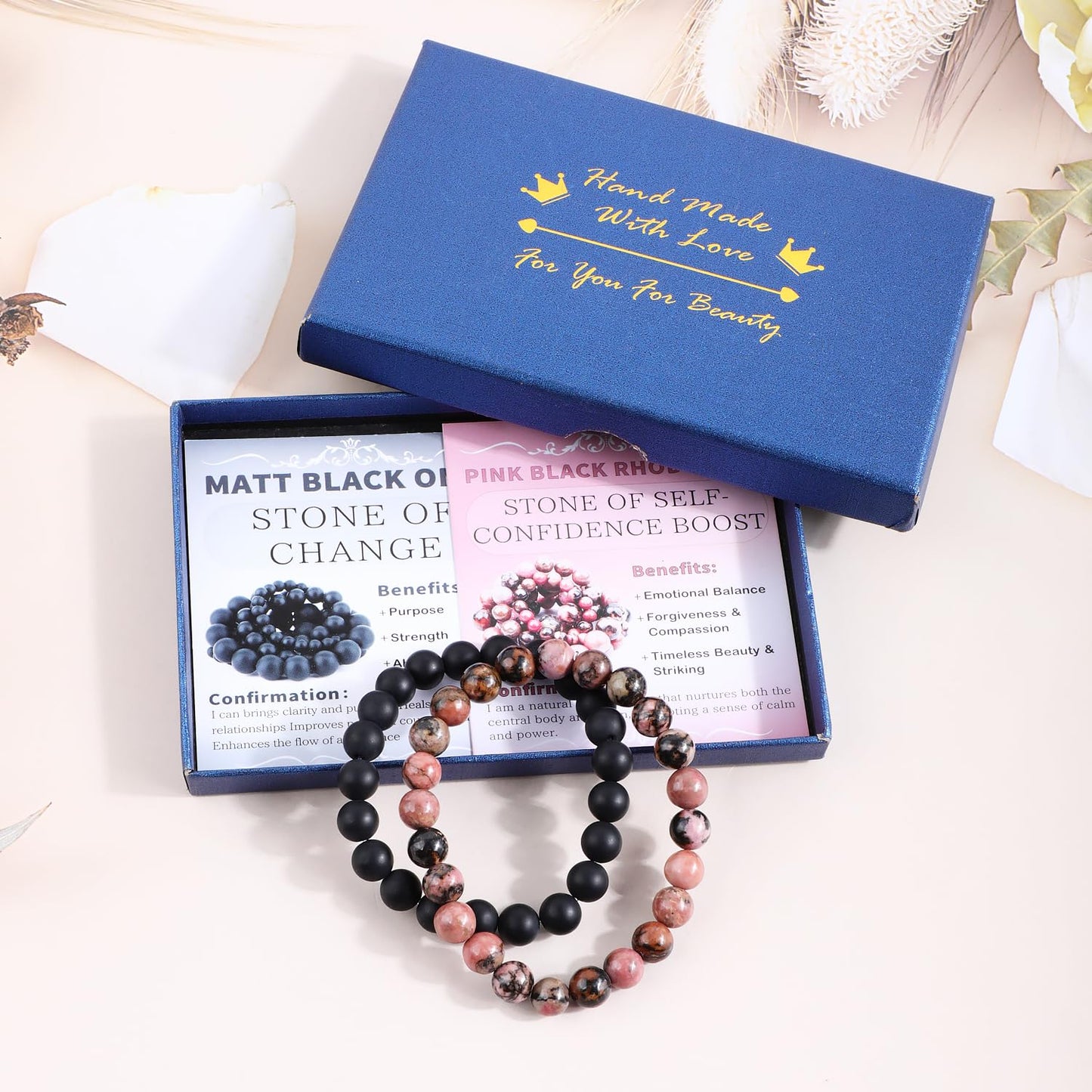 NCB 2-Piece 8mm Natural Crystal Gemstone Stretch Bracelets – ﻿Pink Black Rhodonite, Matte Black Agate Handmade Reiki Energy Healing Jewelry for Meditation,Yoga, Unisex