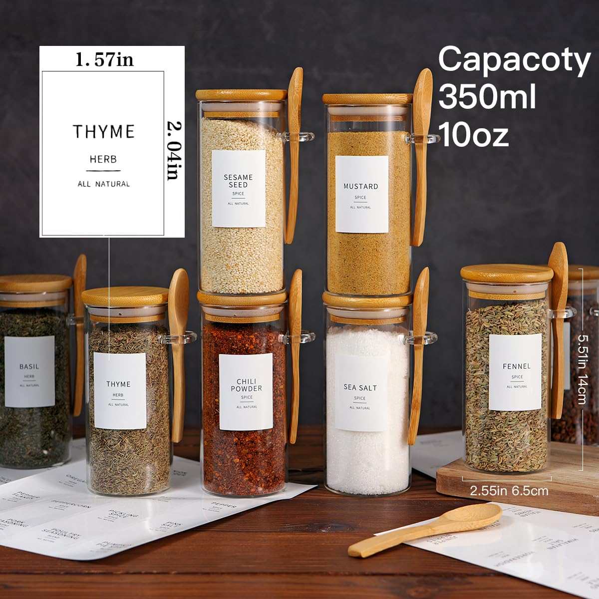 8 Pcs Glass Containers with Bamboo Lids and Spoons - 10 oz Sugar Container with 148 Kitchen Pantry Spice Jar Labels Preprinted - Glass Spice Jars with Wooden Lids Hold Coffee, Tea, Candy, Herbs