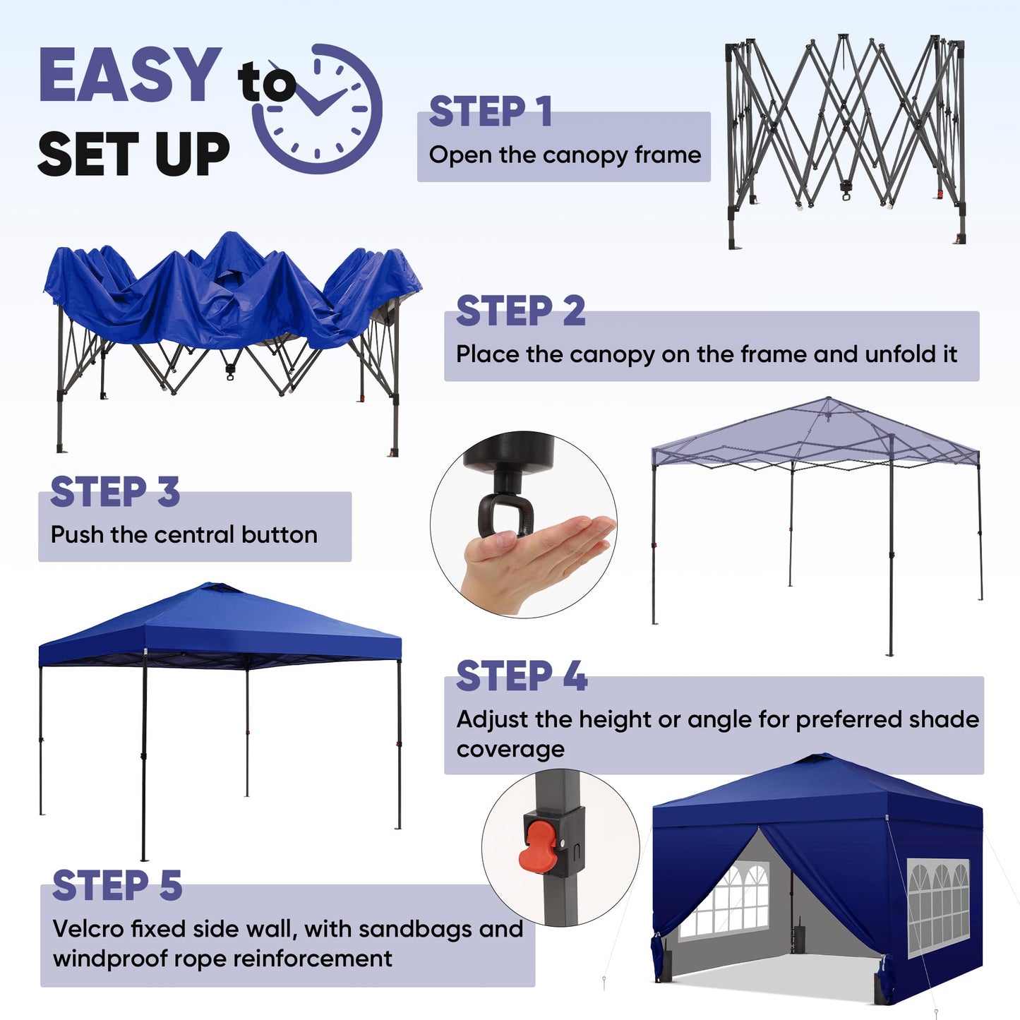 GDY 10x10 Pop Up Canopy Tent with 4 Sidewalls, Easy Set up with One Push Lift Outdoor Silver Coated Beach Gazebos, Carpas with 4 Sandbags, for Events, Parties,Camping, Navy Blue.