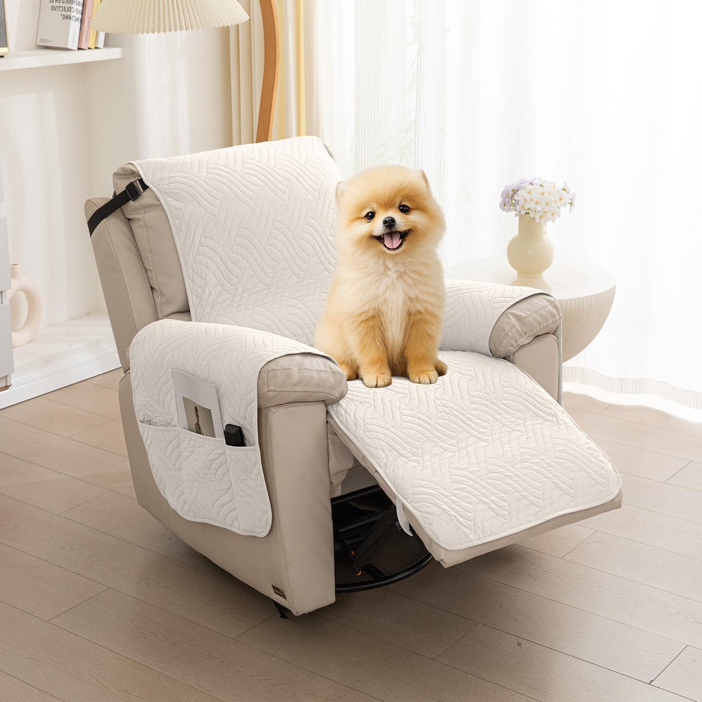 Deep Dream Waterproof Recliner Chair Covers, Non-Slip Recliner Couch Cover, Lazy Boy Chair Cover Furniture Protector, Washable Quilted Sofa Slipcover with Pocket for Pets, Kids(Off White, 23")