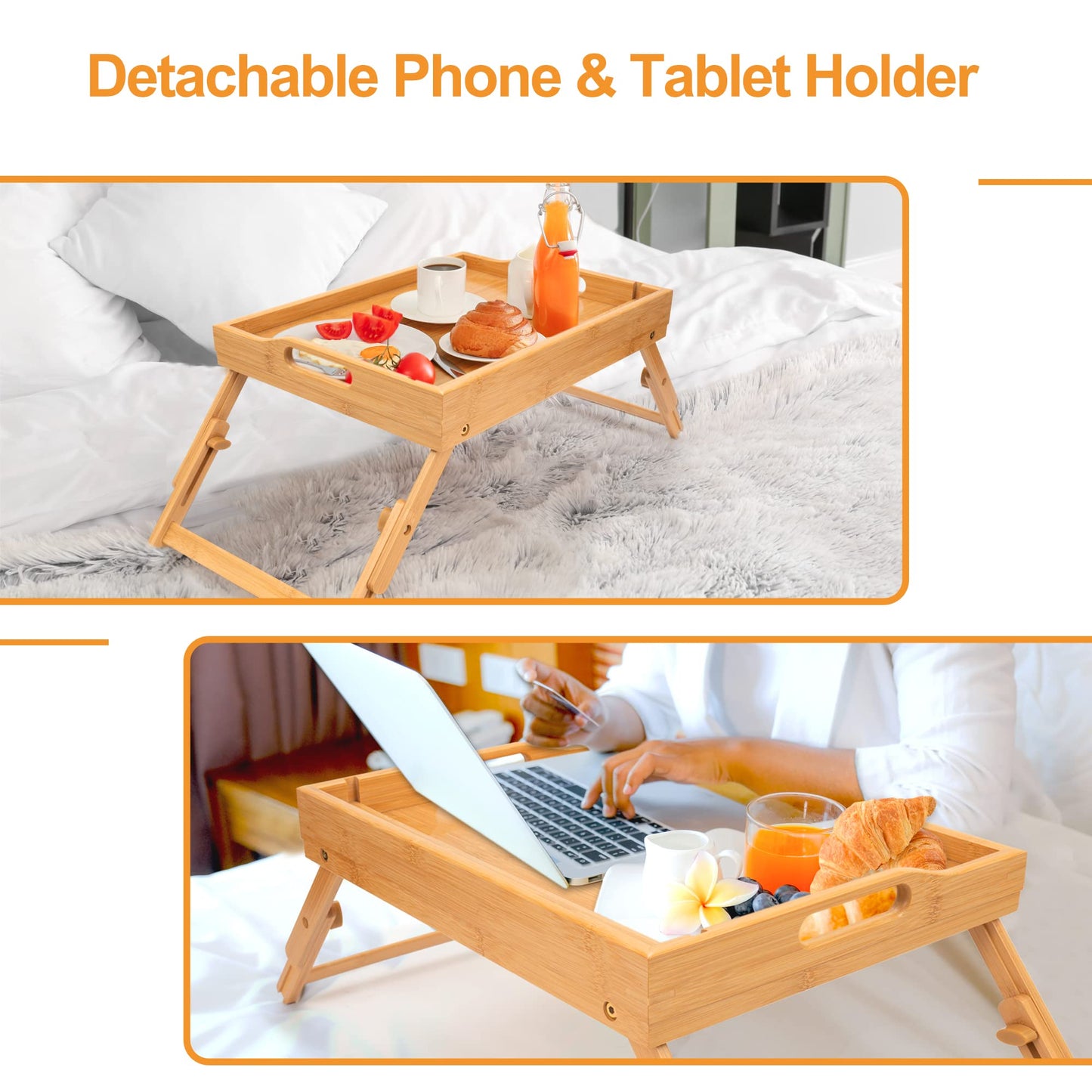 Greenual 2 Pack Bed Tray Table with Handles Folding Legs, Bamboo Breakfast Food Tray with Media Slot, Use As Platter, Laptop Desk, Snack, TV Tray Kitchen Serving Tray(Natural)