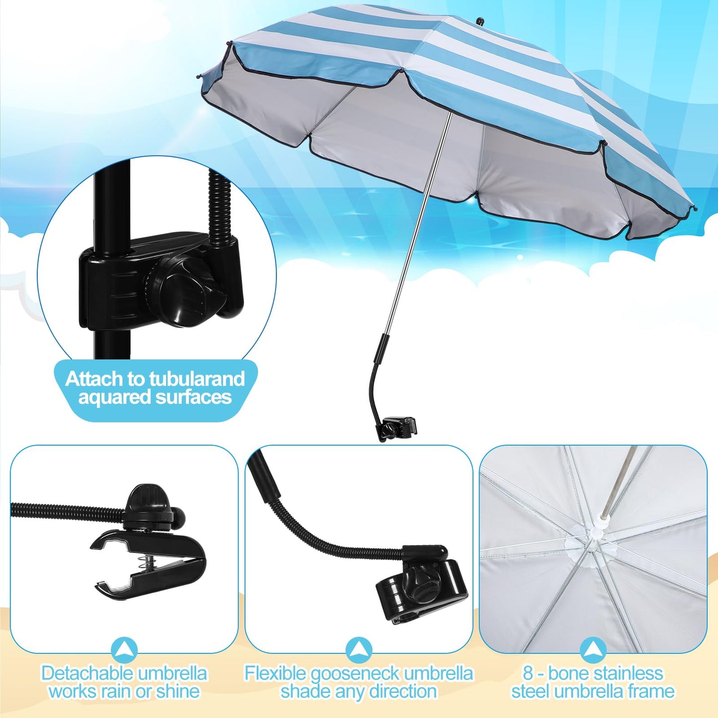 Yuntau 2 Sets Beach Chair with Umbrella Foldable Camping Chair Fold up Umbrella with Universal Clamp Large Portable for Outdoors Fishing Camping Hiking Travel Picnic Beach (Black,Blue,White)