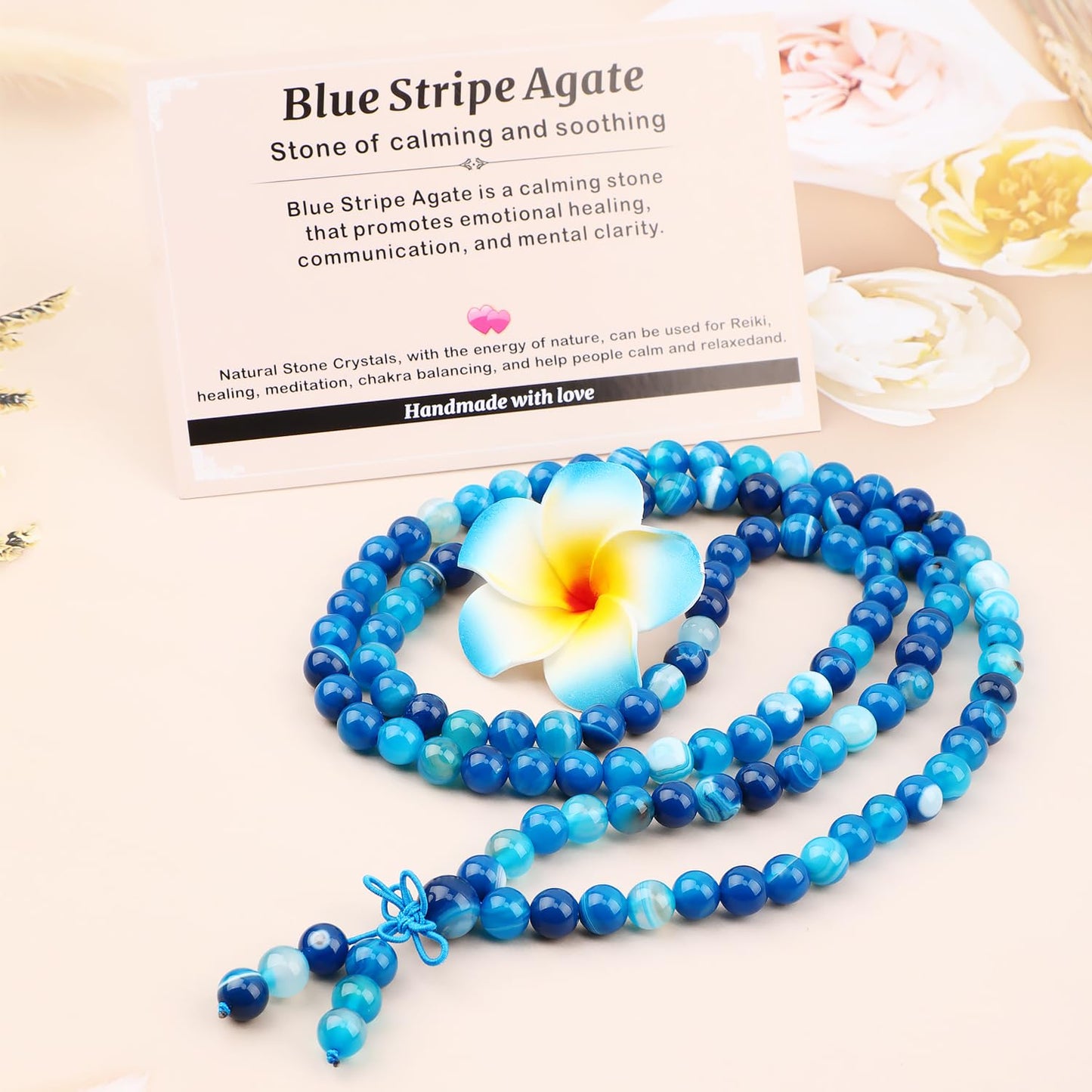 AD Beads 8mm 108 Prayer Mala Blue Stripe Agate Elastic Bracelet - Calming and Soothing - Handmade Yoga Meditation Healing Power Energy Gifts for Unisex Adult.