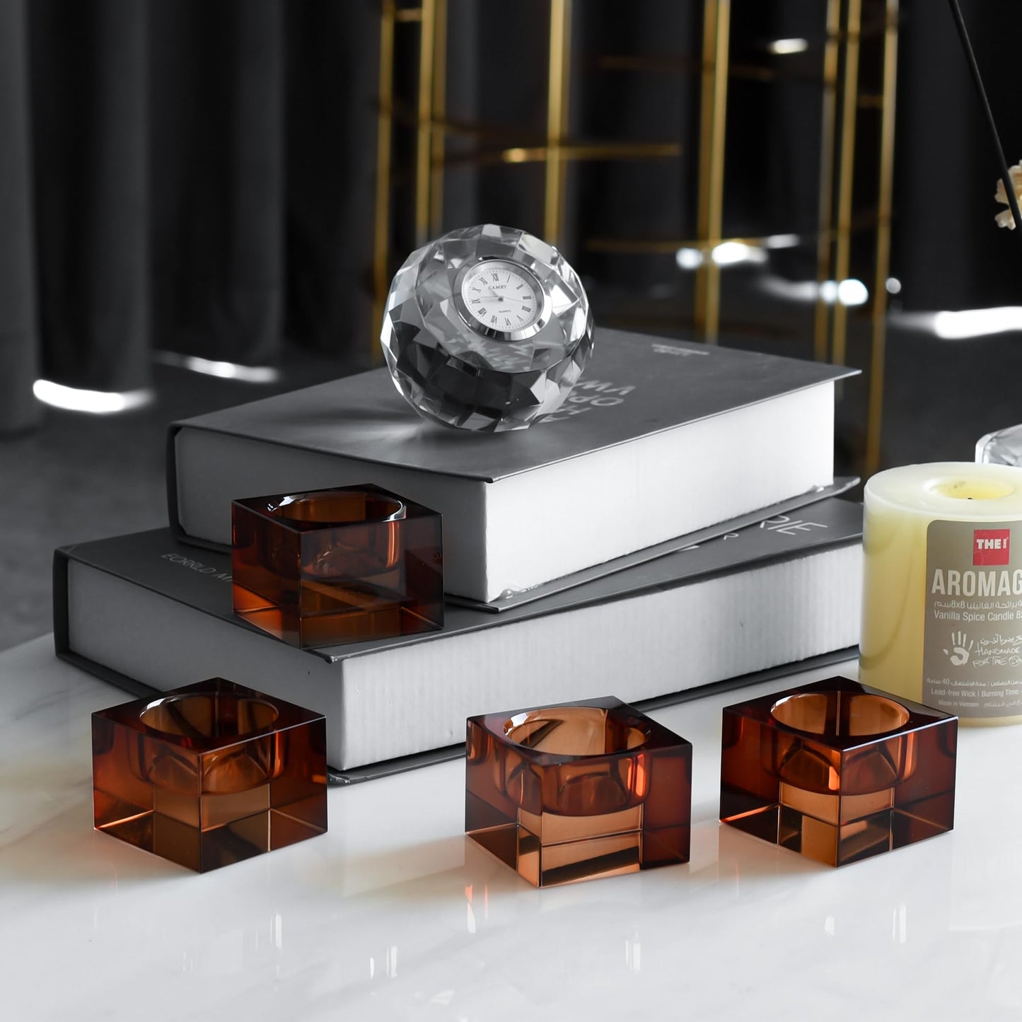 DONOUCLS Home Crystal Tealight Candle Holders Pack of 4, 1.5 Inches Height, Heavy Solid Square Hand Cut Tealight Holders Sets, Centerpiece for Home Decor(Brown)