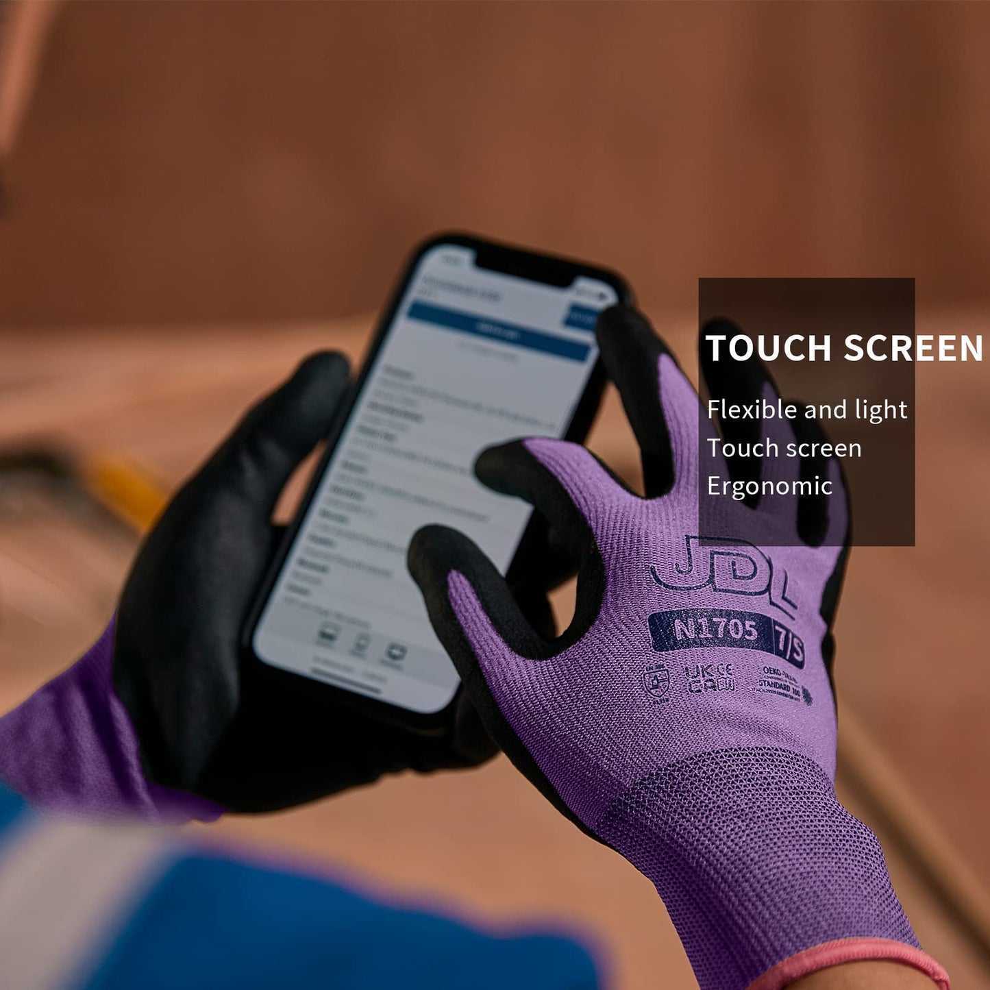 JDL 3 Pairs Microfoam Nitrile-Coated Nylon Work Gloves for Women & Men, Touchscreen Safety Gloves, Lightweight & Breathable with Durable Grip for Construction, Warehouse, Mechanics, Purple, Large