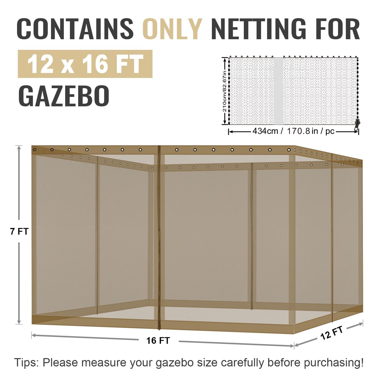 COWVIE Gazebo Replacement Netting Screen, 12' x 16' Universal Gazebo 4-Panel Mosquito Sidewalls with Double Zippers for Outdoor Patio (Only Netting)