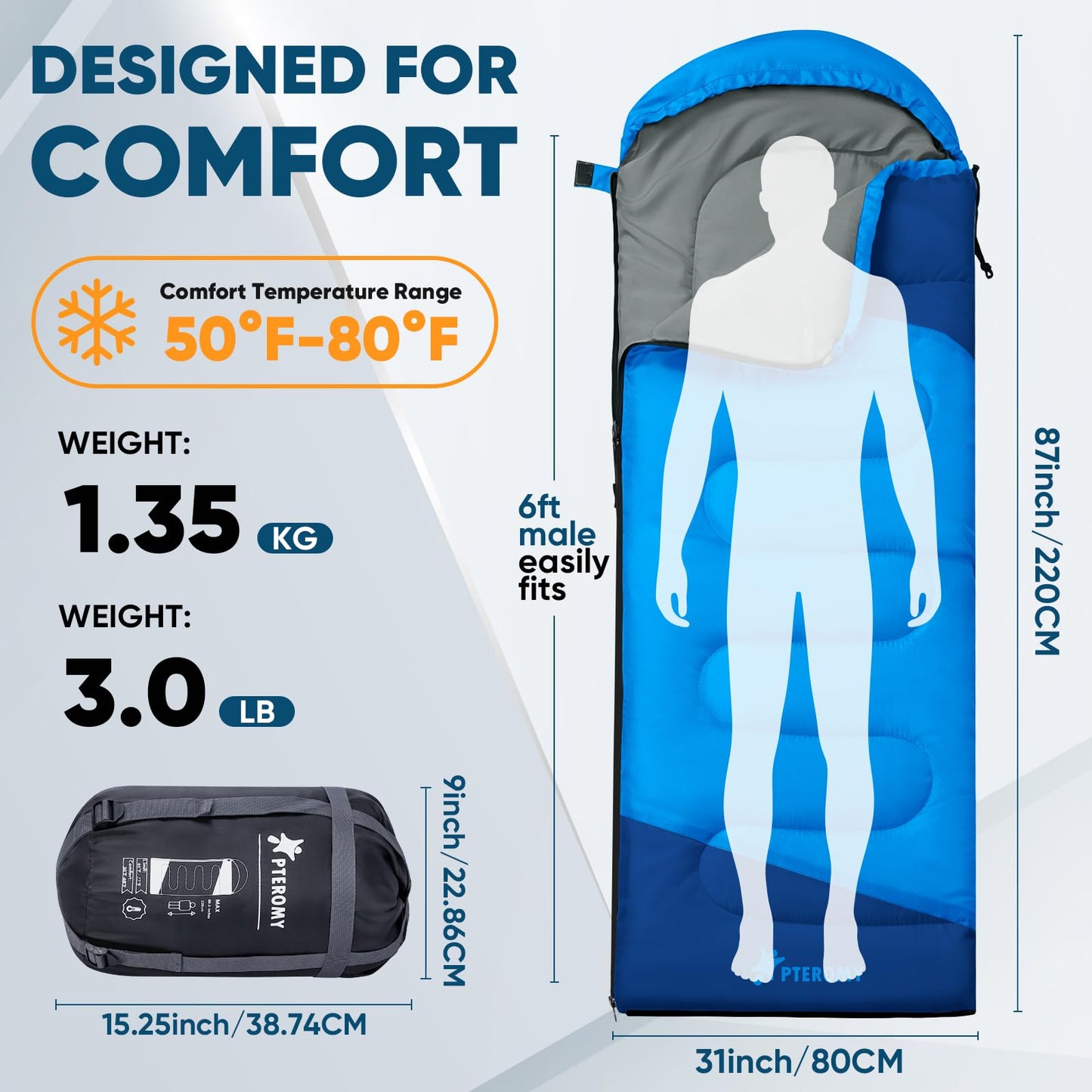 PTEROMY Sleeping Bags for Adults, Lightweight and Machine Washable, Water Resistant Backpacking Camping Sleeping Bag for Warm Cold Weather, Camping Essentials for Hiking Travel (Blue, 1.35kg)
