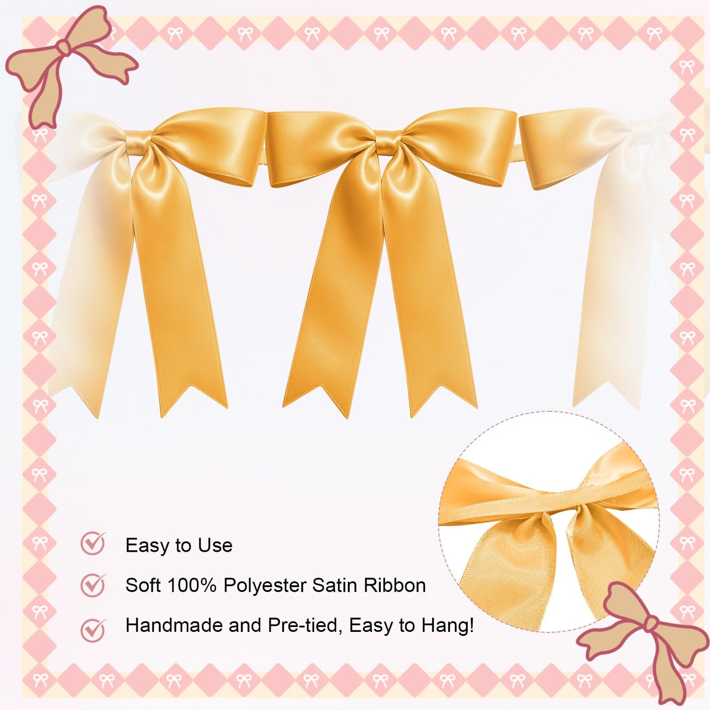 1 String of 8PCS Golden Bow Garland Banner Decoration,Pre-Strung Satin Ribbon Ornaments for Birthday,Bachelorette Party,Bridal Shower,Wedding,Engagement,Baby Shower,Graduation Decor,Anniversary