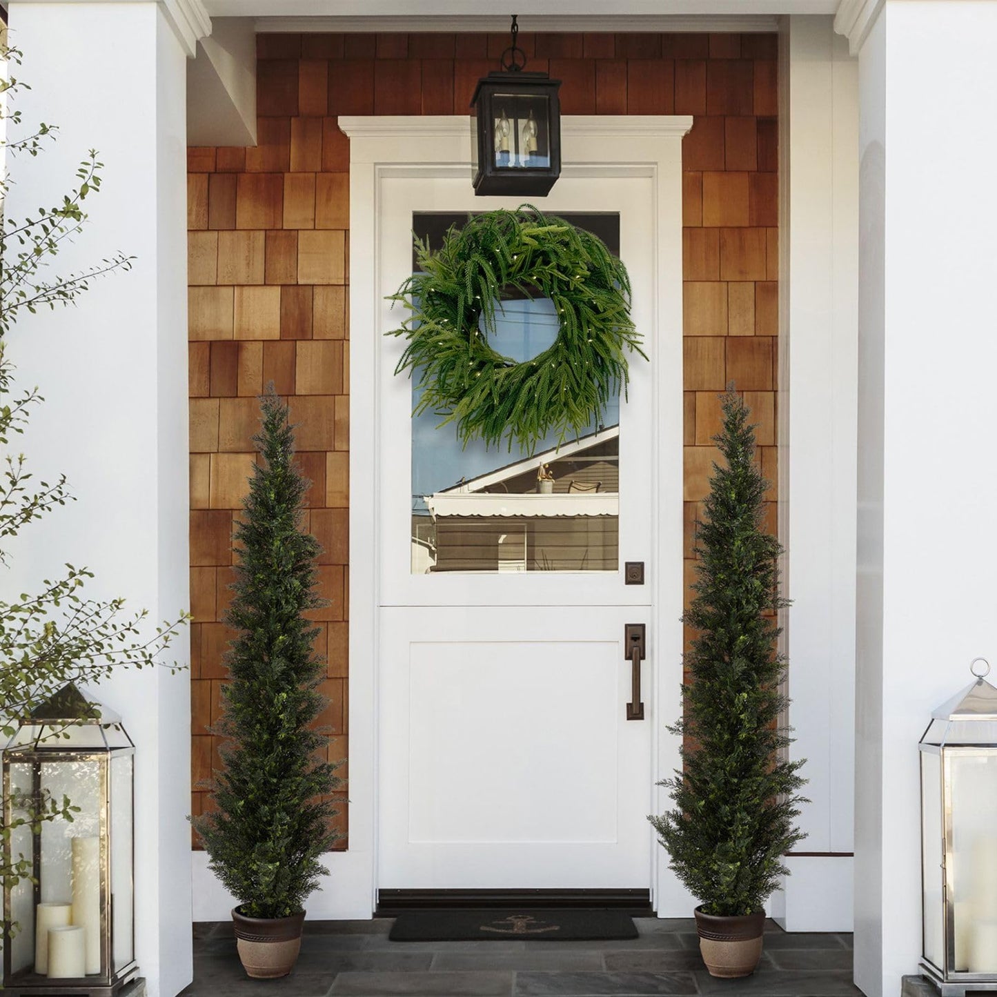 TOKCARE Norfolk Pine Wreaths for Front Door, 26Inch Real Touch Prelit Christmas Wreath with Lights 40 LED Green Faux Pine Wreath for Wall Windows Mantle Outdoor Christmas Decoration