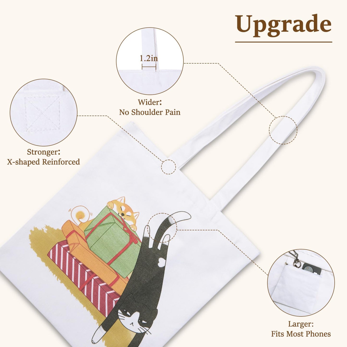 GICDSU Black Cat Cotton Canvas Tote Bag with Zipper, Reusable Grocery Bags, Beach Foldable Tote Bag for Women, Funny Totebag with Inner Pocket for Shopping Travel Gym Work
