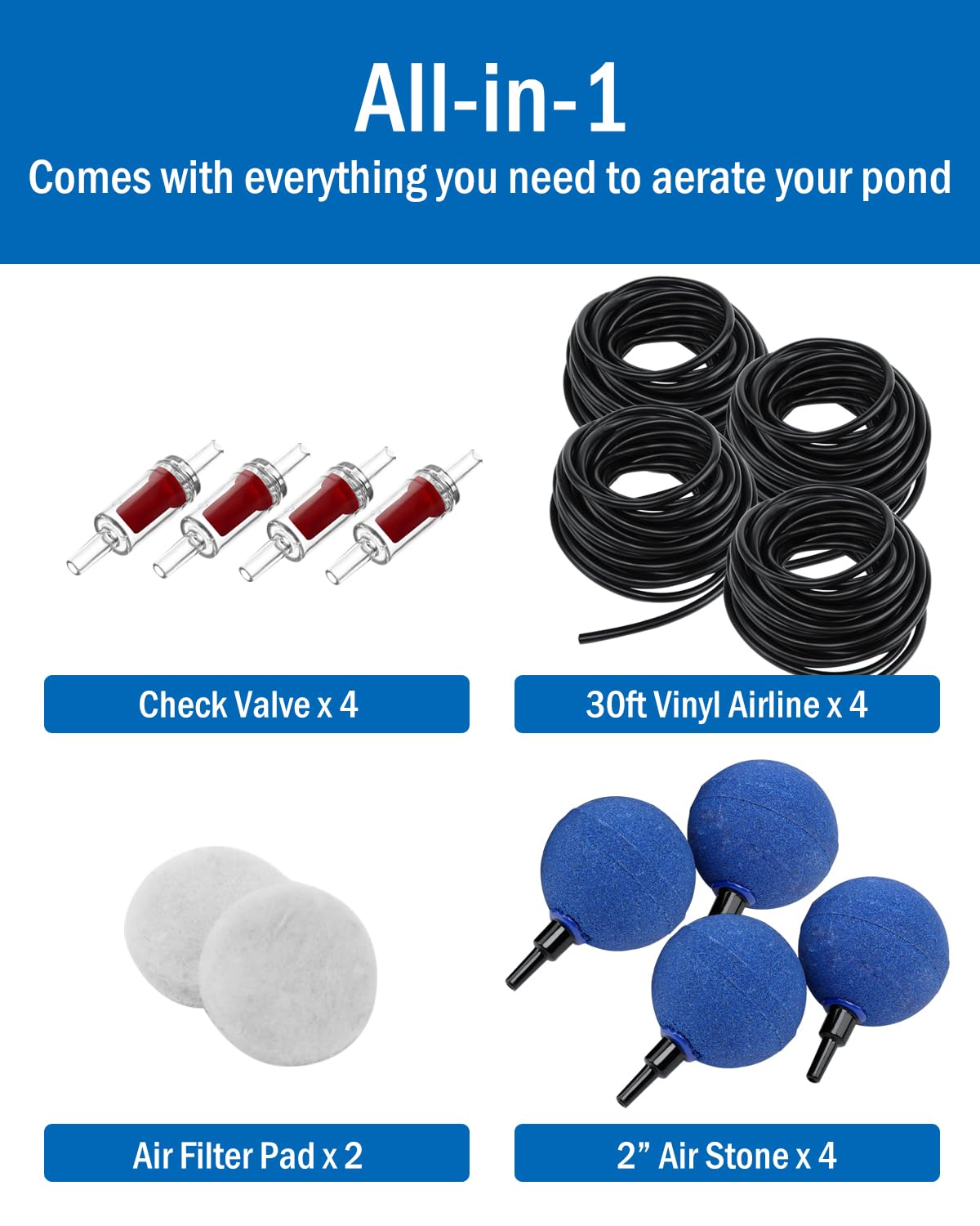 AquaMiracle All-in-One Koi Pond Aerator for Outdoor Ponds up to 2000 Gallons, Pond Air Pump Pond Aeration System with 4-Outlet Airline Tubing Air Stones Check Valves