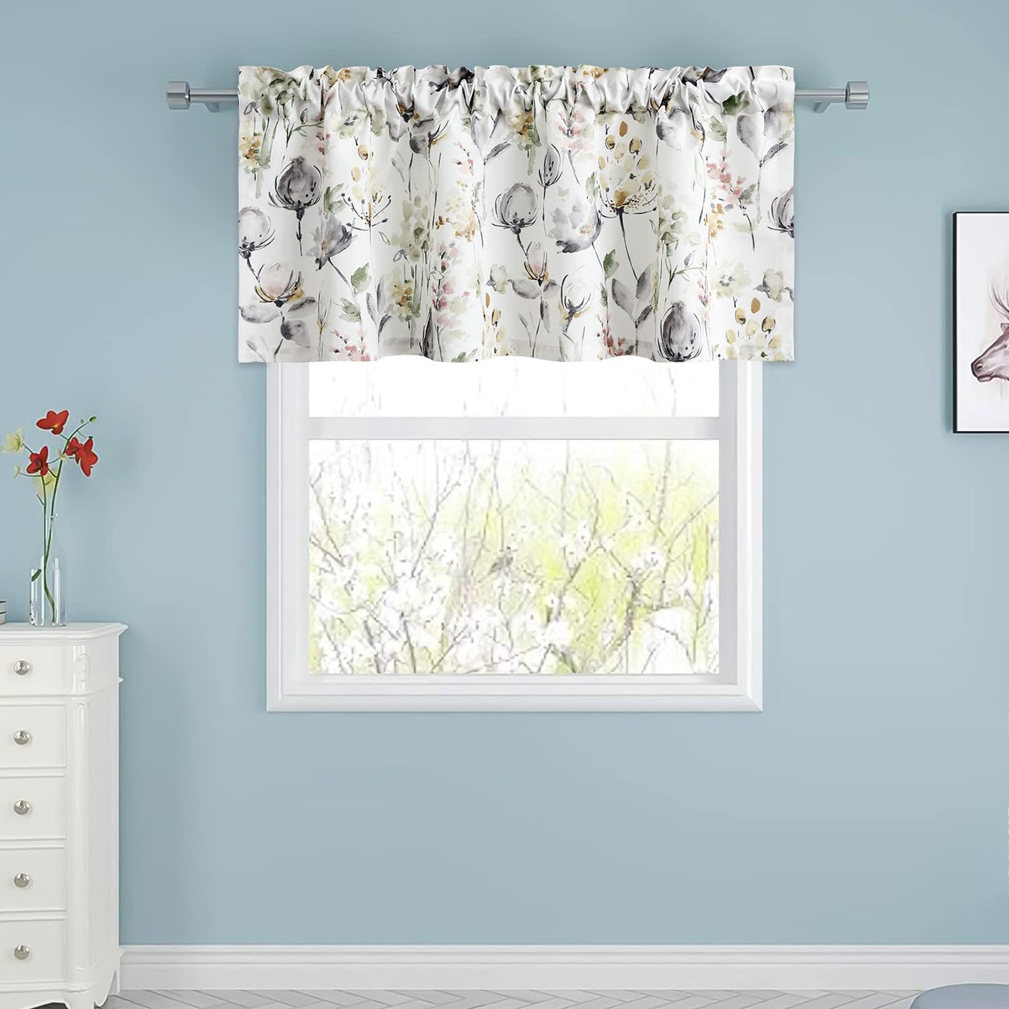 Leeva Watercolor Floral Valance Curtains, Rod Pocket Short Curtain Window Valances for Living Room, 52 x 18 inch, Brown and Grey, 1 Pack