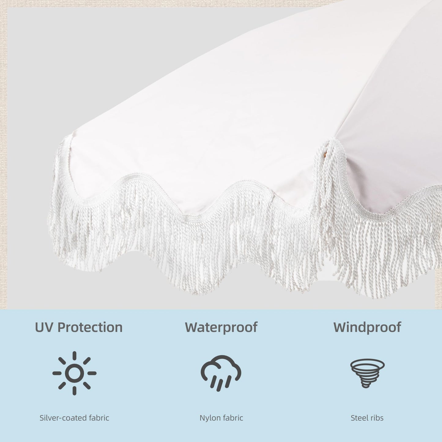 Rayjee 6.5FT Patio Umbrella with Fringe, UV Protection Beach Umbrella with Tilt & Adjustable Height, Includes Carry Bag & Ground Stake, Outdoor Umbrella for Pool, Garden, Backyard -Beige