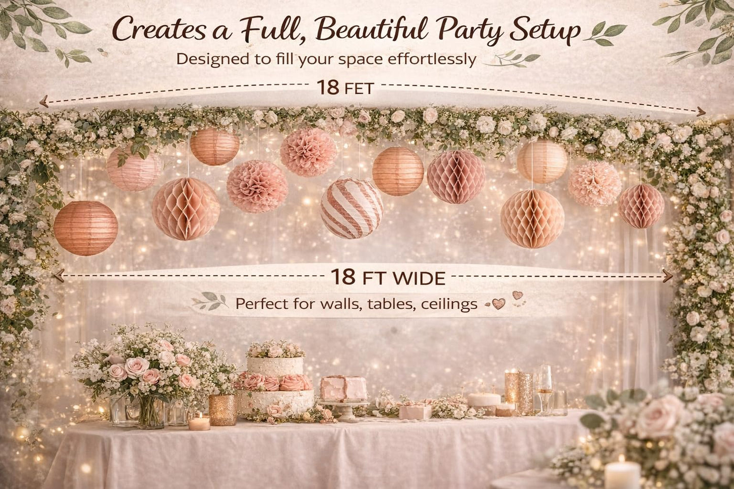 Decorative Paper Pom Poms and Lanterns Set, Rose Pink and White, Party Hanging Decor for Celebrations and Events