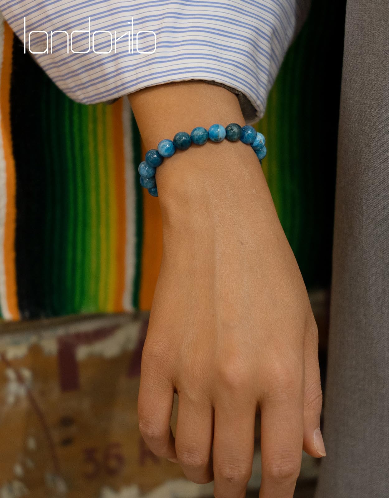 Landorilo Beaded Bracelet for Men Women, 8mm Natural Stone Apatite Healing Crystal Stretch Bracelets, Ideal Christmas Birthday Jewelry Gifts with Energy Card，Replacement Beads Included