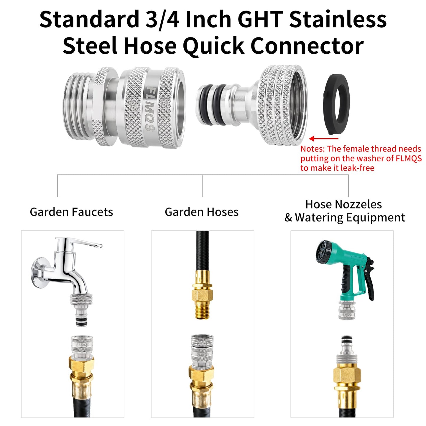 FLMQS Garden Hose Quick Connector - 3/4" GHT Solid Stainless Steel Water Hose Quick Connect, Leak-Proof Male & Female Fittings(3 Set)