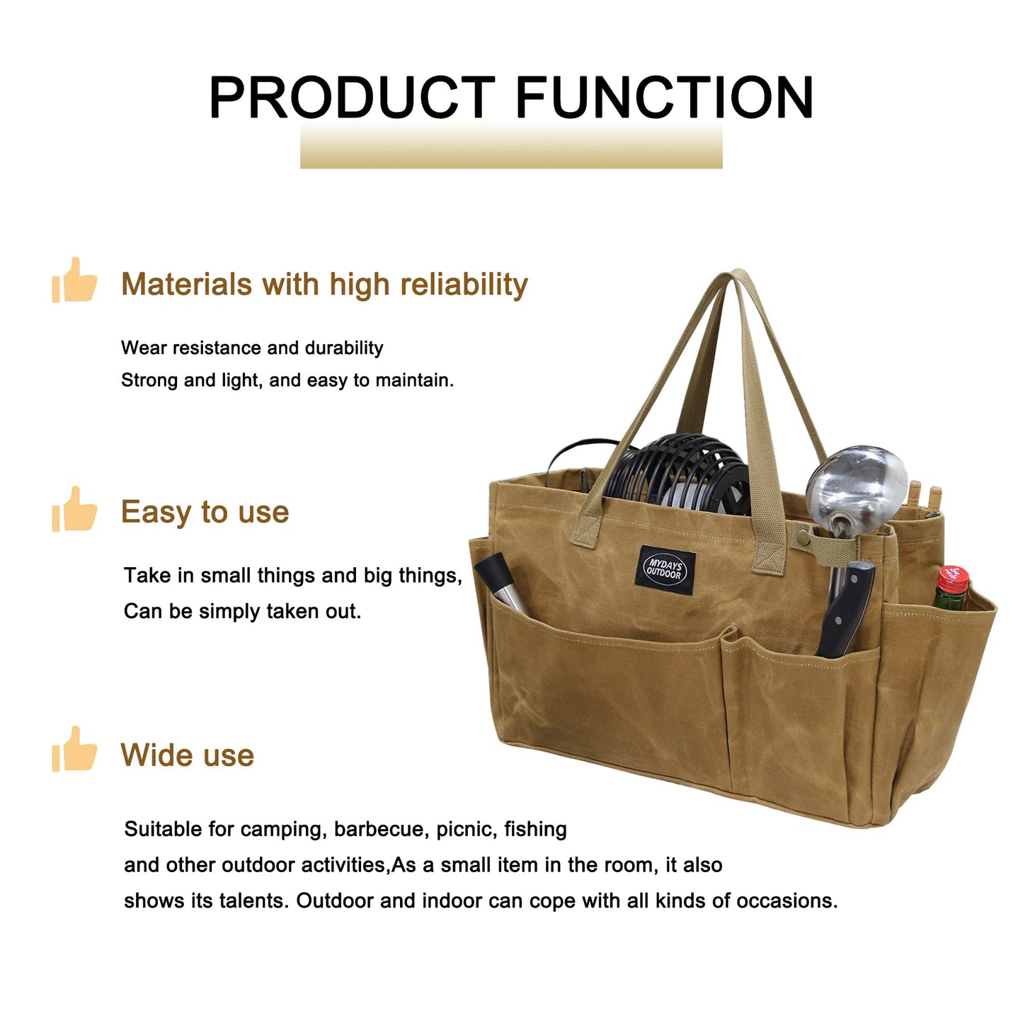 MYDAYS OUTDOOR Portable Garden Camping Tool Storage Bag,Waxed Canvas Firewood Carrier Tote bag,Collapsible Sturdy Garden Basket Great for Women, Gardener, Electrician, Repairer (Khaki)