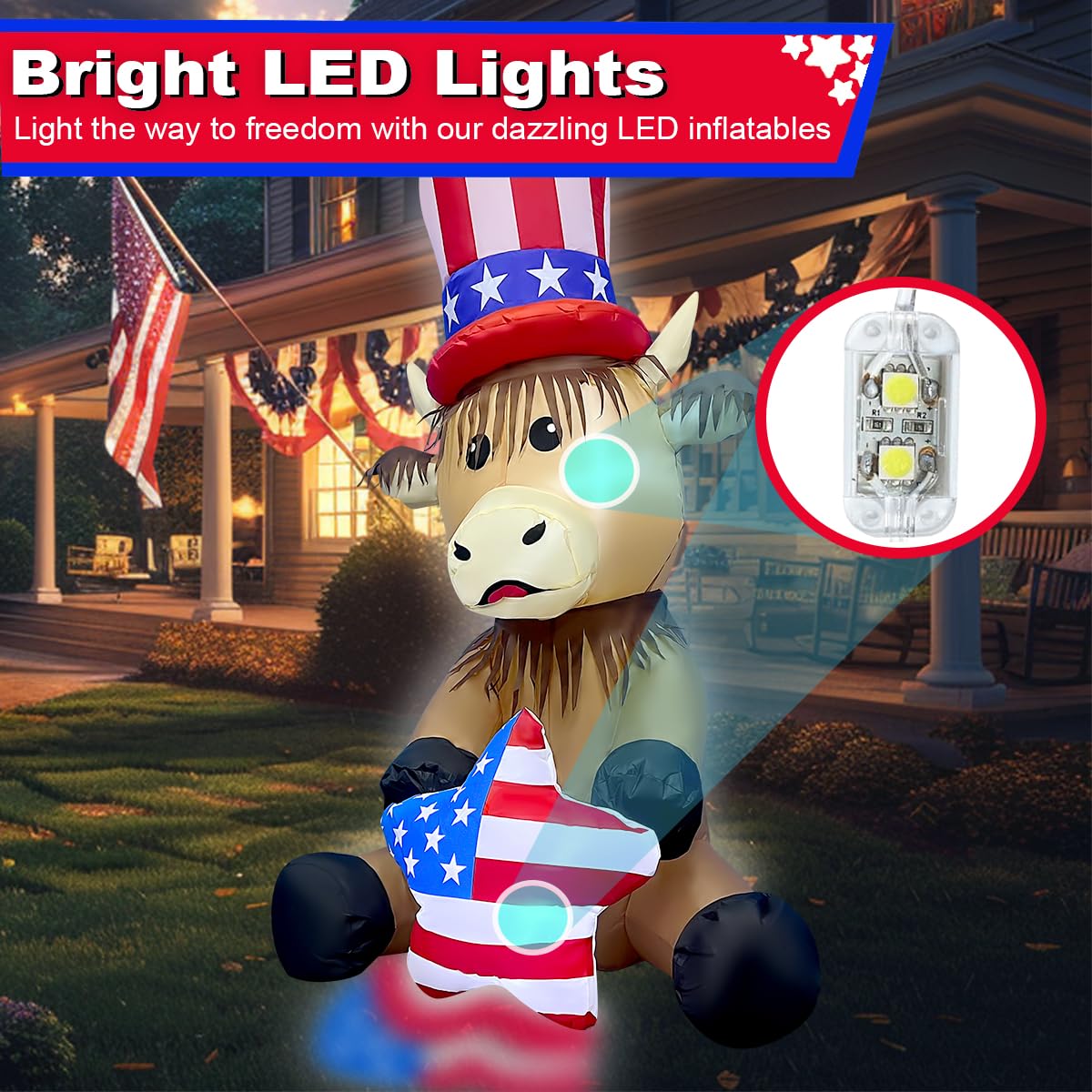 4FT Patriotic Independence Day 4th of July Inflatable Highland Cow Holding America Heart LED Lighted Blow Up Decoration Decor Home Yard Outdoor Indoor Decoration