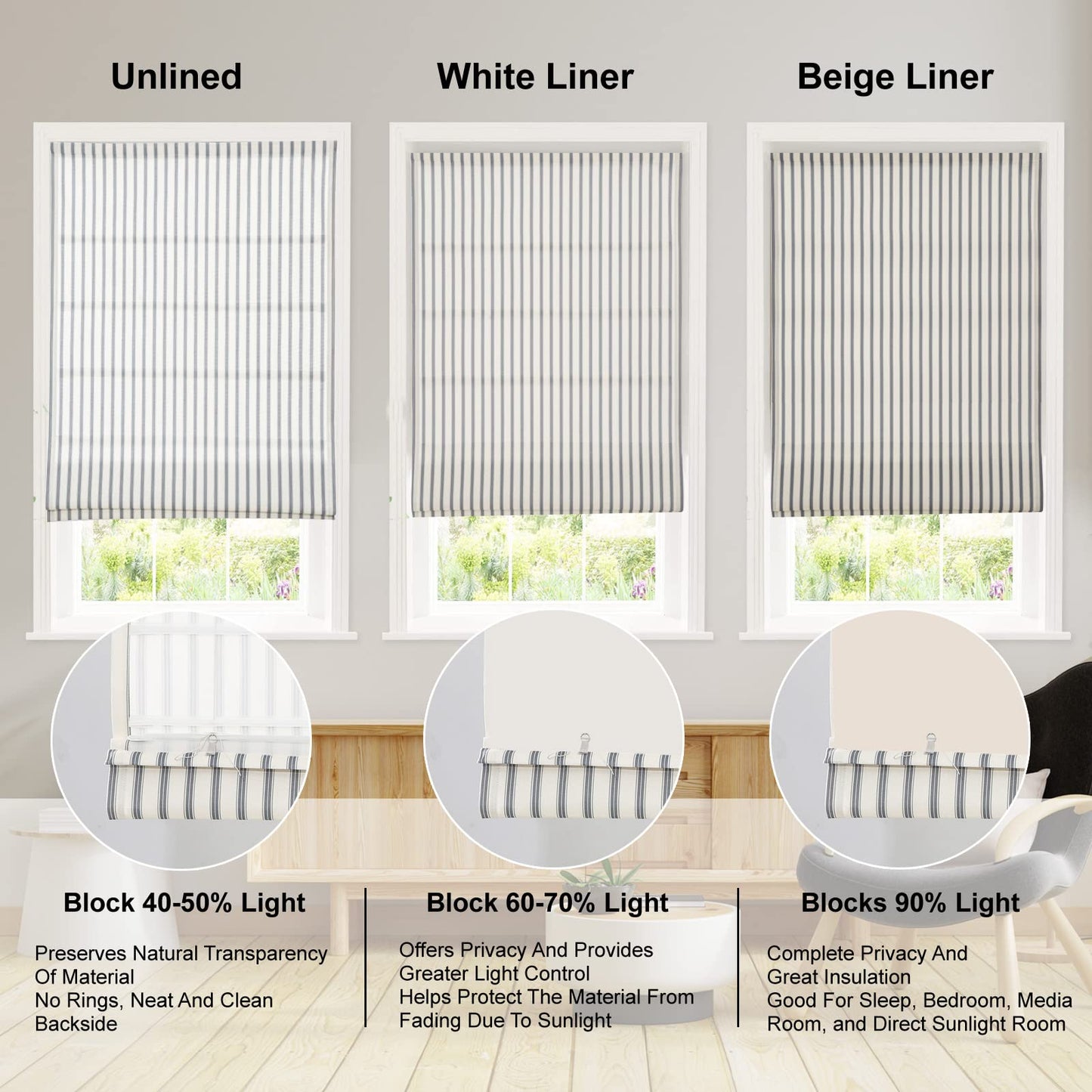 Artdix Roman Shades, Greyish Blue Stripe Blackout Cordless Fabric Custom Roman Shades for Windows, Doors, Farmhouse