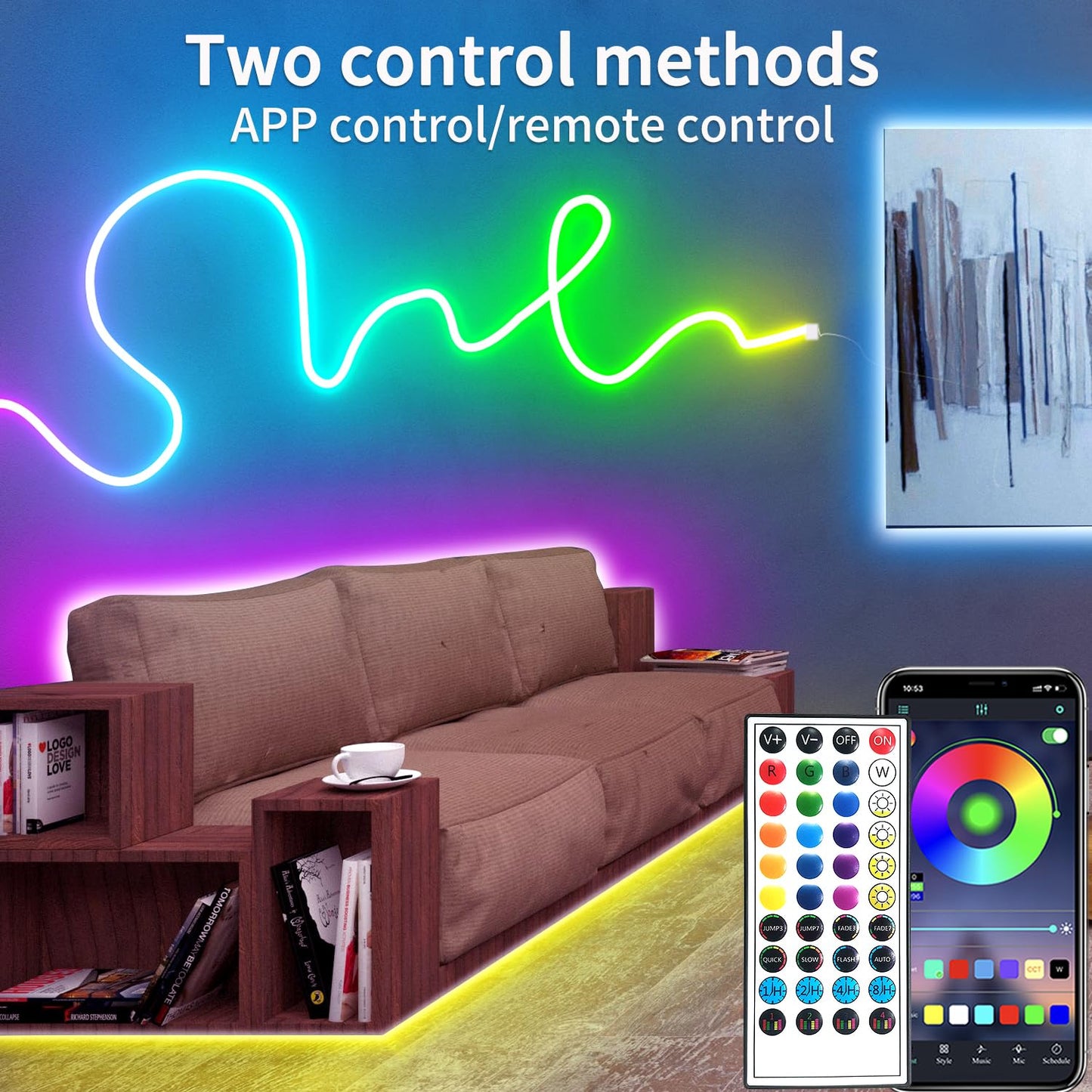 segrass 100FT RGB LED neon Rope Lights LED neon Lights with Remote/APP Control 24V IP65 Waterproof Flexible Neon LED Strip Lights for Bedroom Room Outdoors Decor（2 Rolls of 50ft）