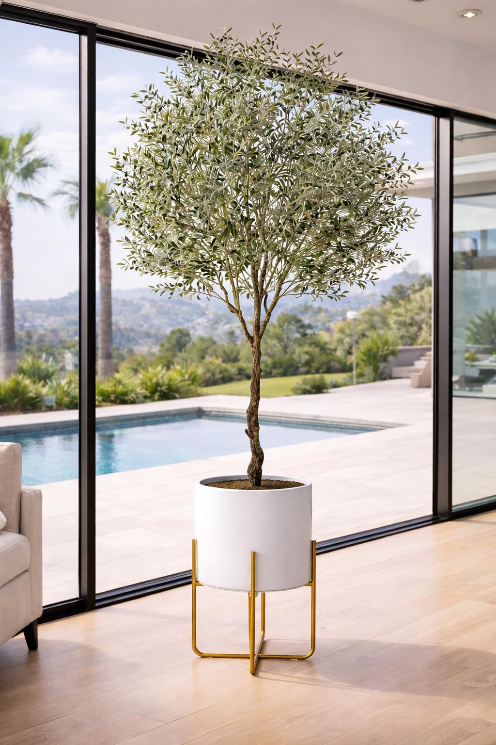 Kirpi Modern Planter Pots, Set of 2 Round White Planters with Gold Stand, Decorative Floor Planters, Metal Pots with Drainage Holes for Living Room, Office, Garden Balcony, 9 and 11 Inch Diameter