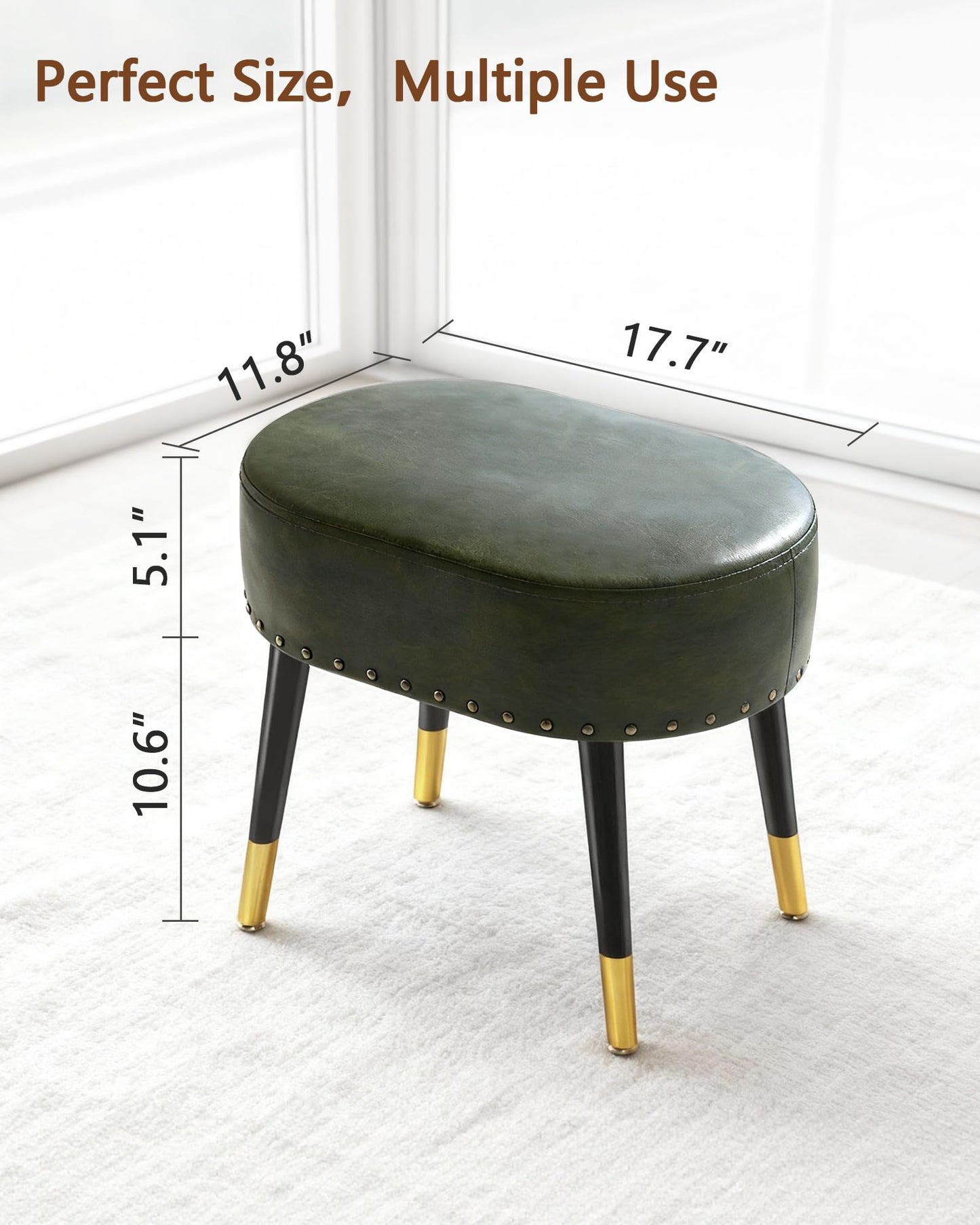 LITZFUR Vanity Stool Chair for Makeup, Pu Leather Oval Footrest, Vintage Rivet Ottoman Bench with Metal Legs, Dressing Stool for Batheroom, Living Room, Entryway, Green