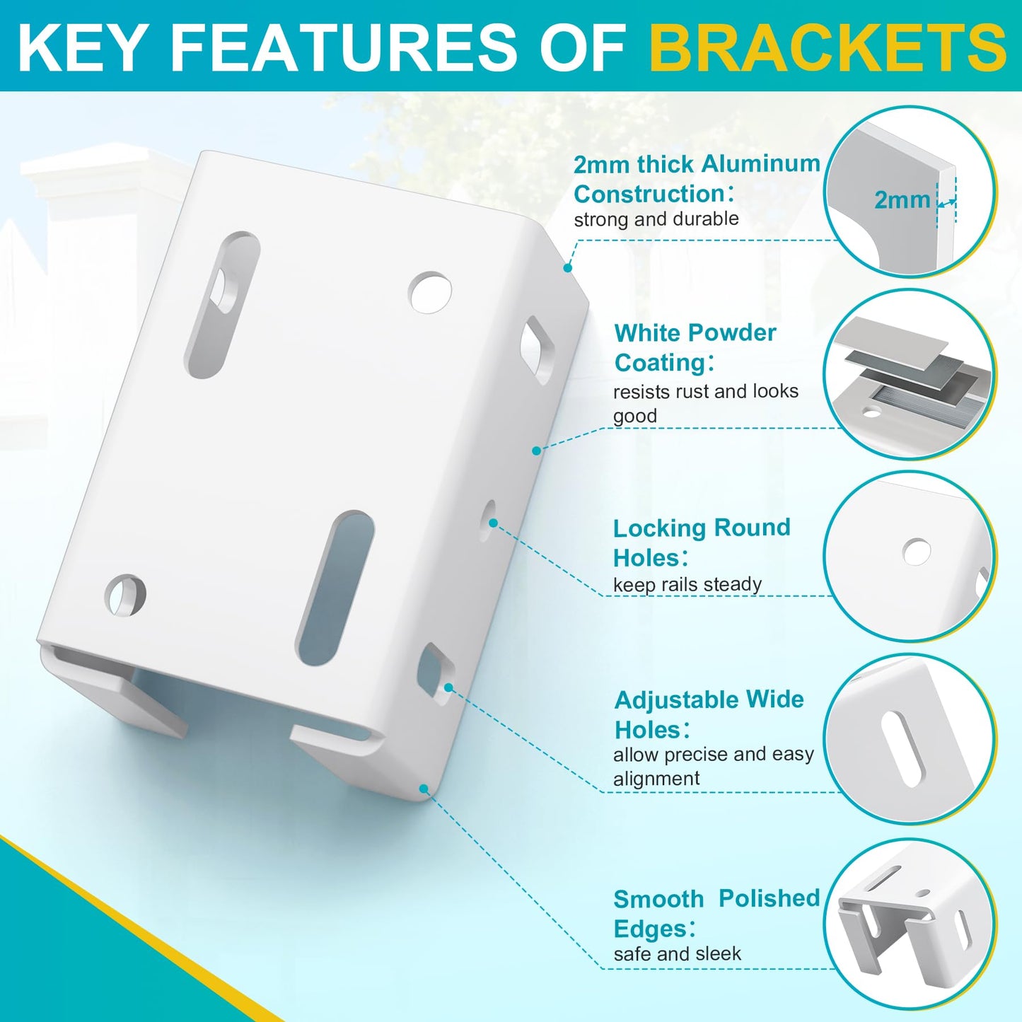 8PCS White Aluminum Fence Bracket for Vinyl Fence, 2mm Thick Vinyl Fence Bracket Replacement Parts for Plastic, PVC Rails, Fits 2.75" Rails