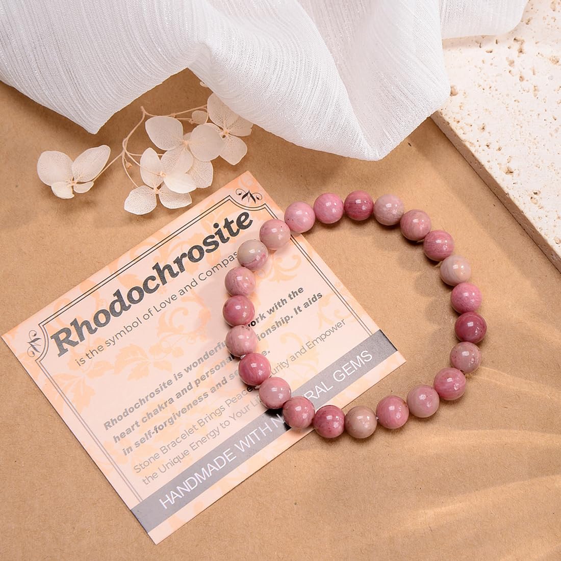 MASSIVE BEADS Rhodochrosite - Stone of Love and Compassion - Handmade Yoga Stretch Elastic Bracelet Natural Stone Crystal Healing Power Energy Gifts for Unisex Adult 4mm